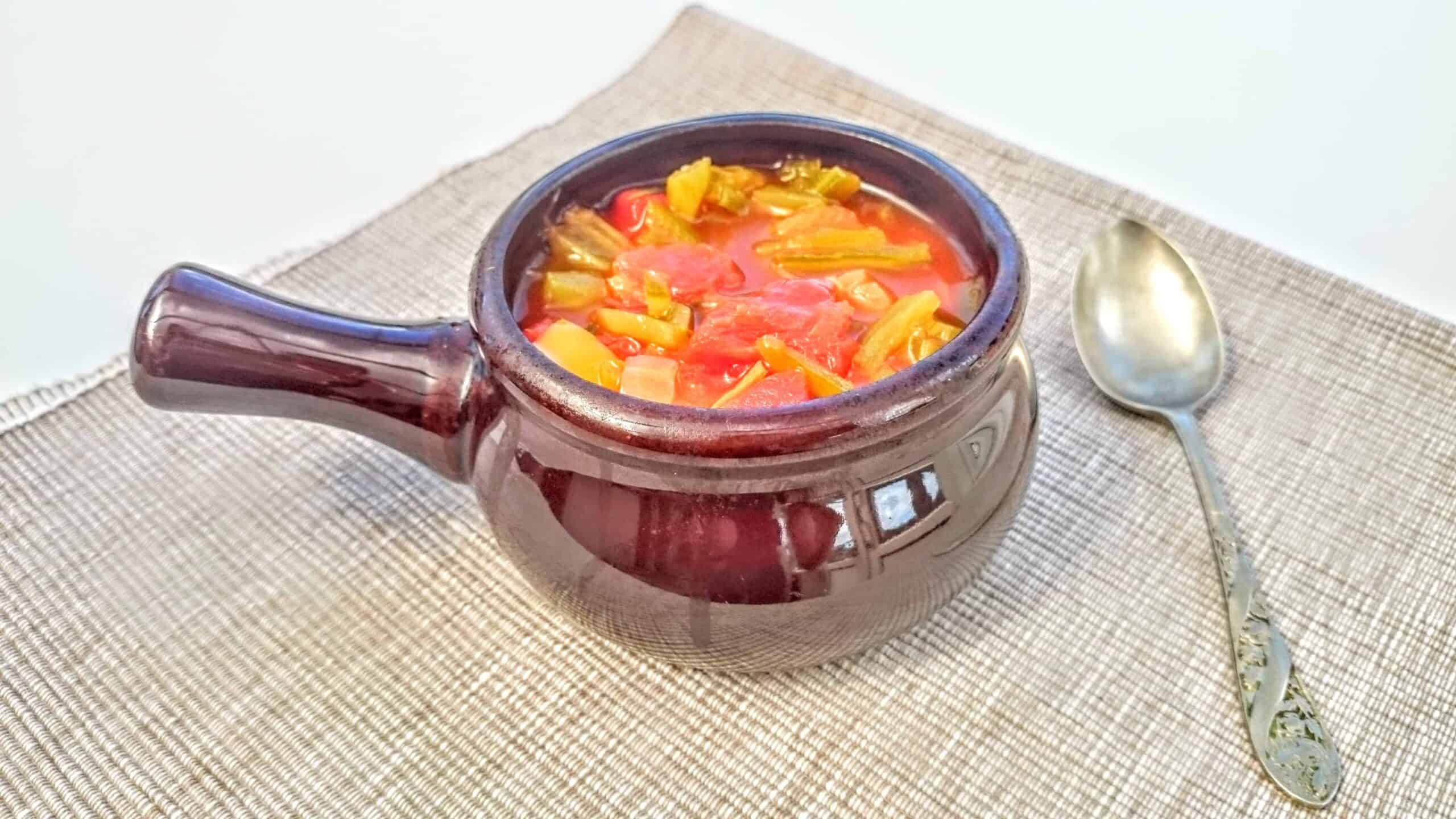 Italian Syn Free Chicken & Tomato Soup Maker & Pan Recipe in clay bowl with handle