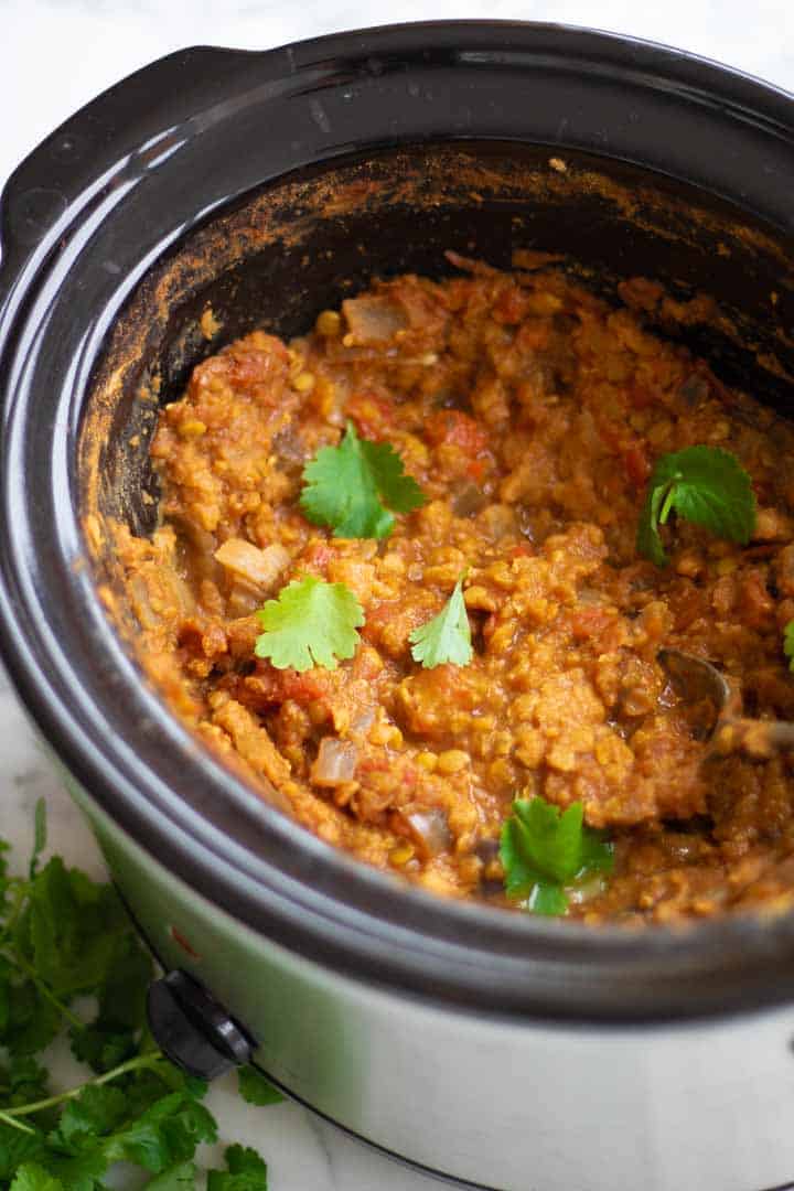 close up of easy dahl recipe topped with fresh coriander