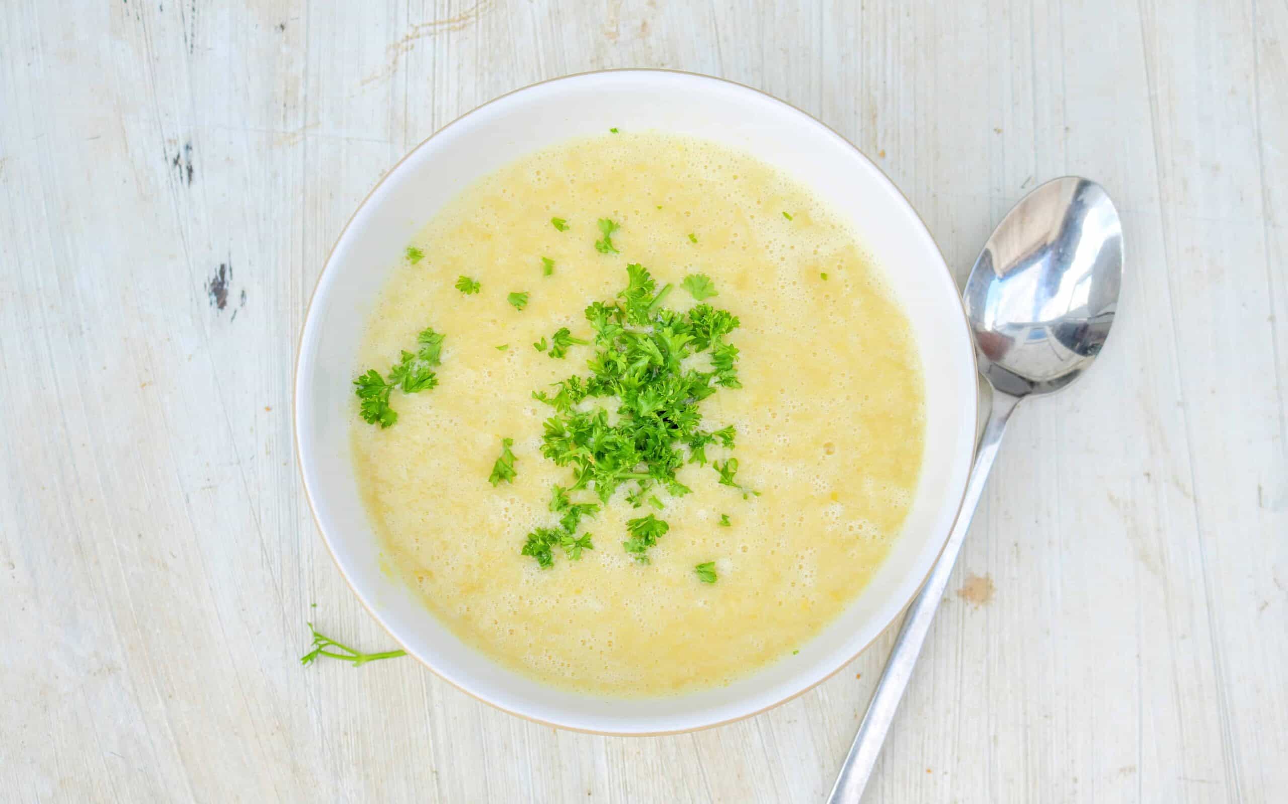 Syn Free Celery & Blue Cheese Soup Recipe with fresh parsley on shabby chic table