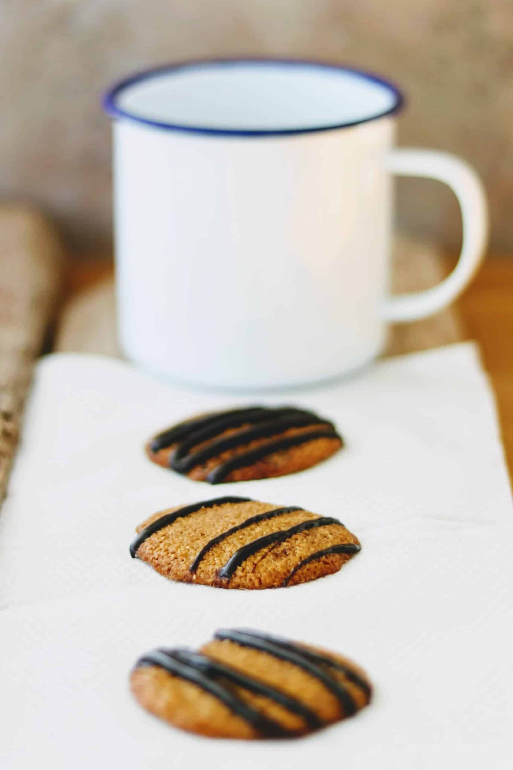 Slimming World Oat & Cinnamon Cookies with chocolate on top with an enamel mug on blue napkin