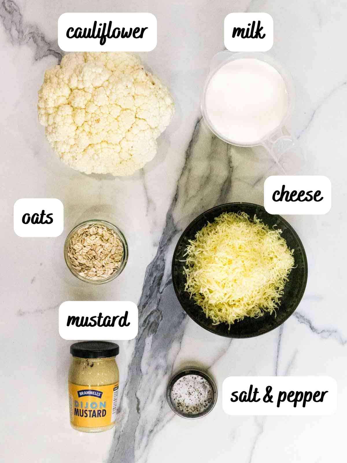 labelled ingredients for healthy cauliflower cheese recipe