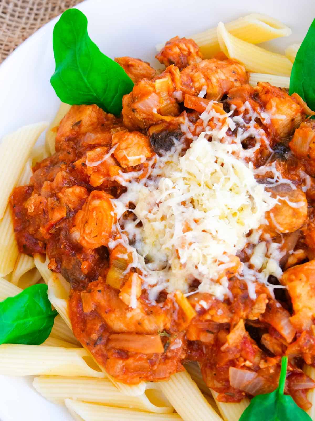 chicken, leeks, mushrooms, onions and garlic in a tomato sauce with pasta