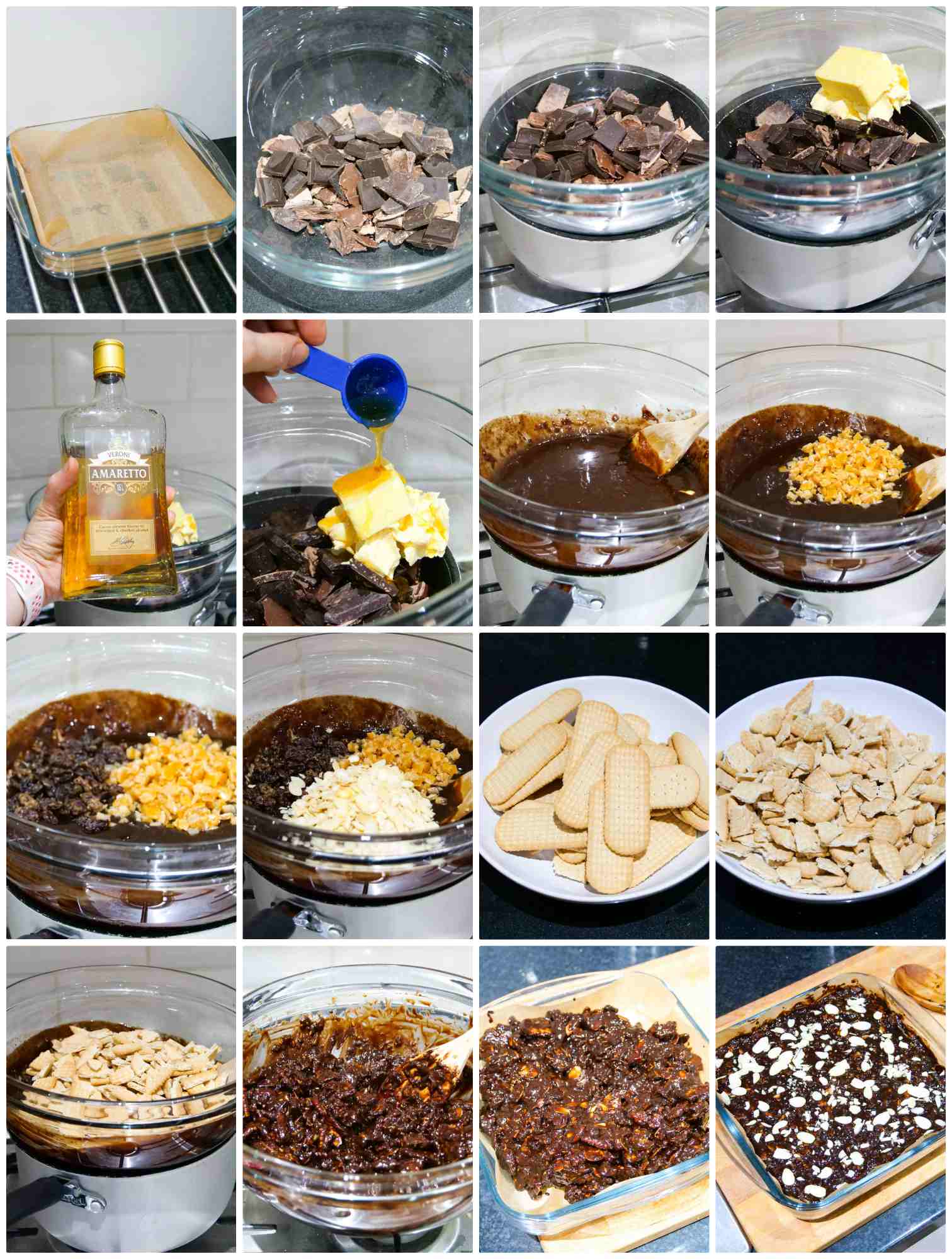 Making a no bake chocolate cake with dried nuts, fruit, biscuits and Amaretto liqueur
