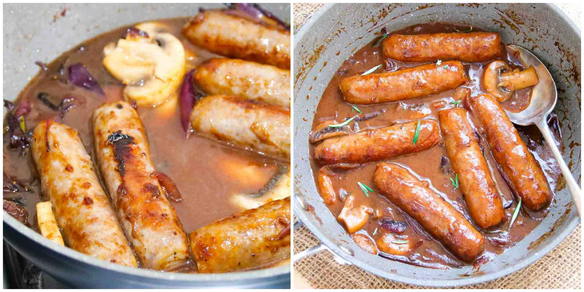 Adding stock after reducing wine to make a rich gravy for sausages and mash