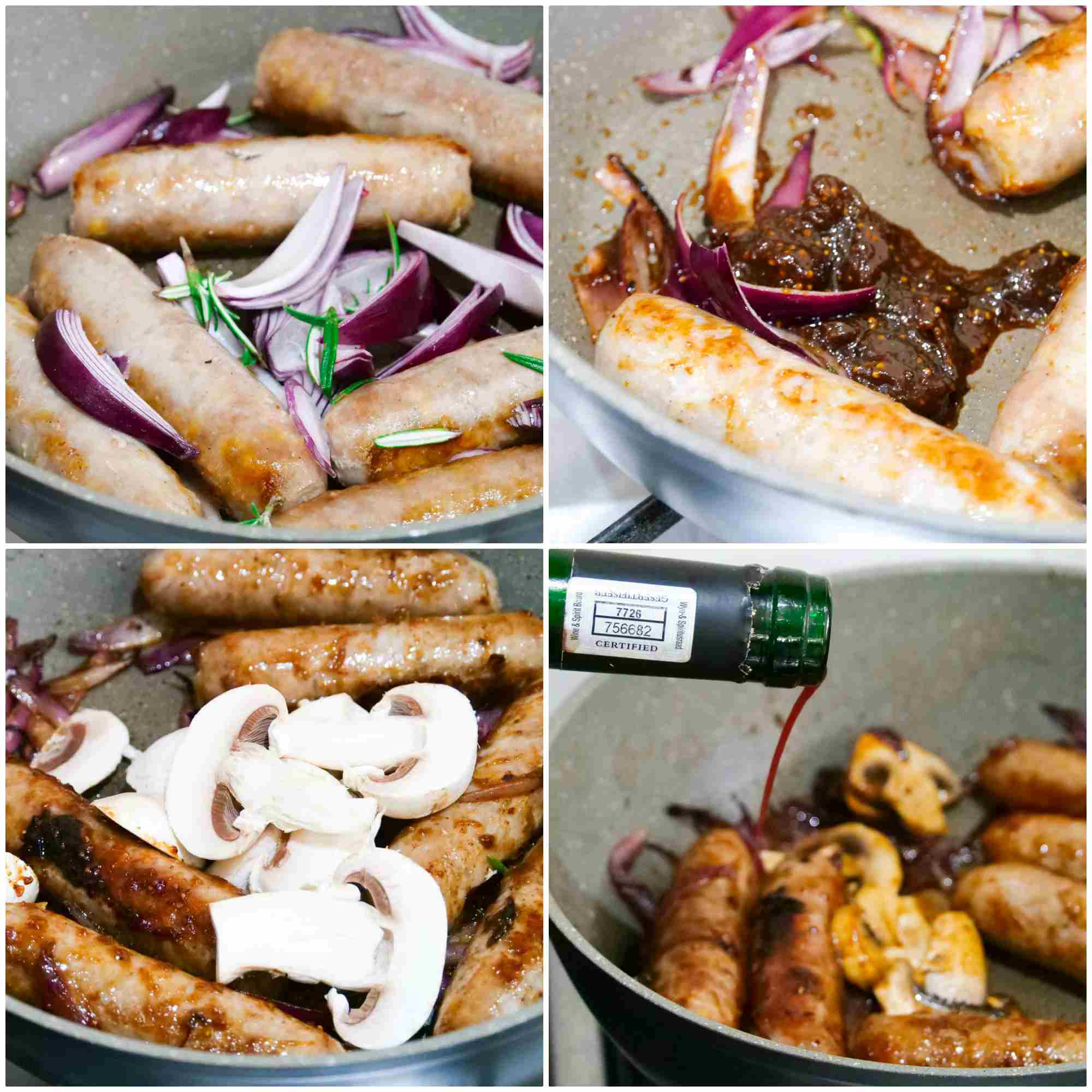 Searing Heck's 97% pork sausages in a non stick frying pan with oil, red onions, rosemary, seasoning, chutney and mushrooms before adding red wine.