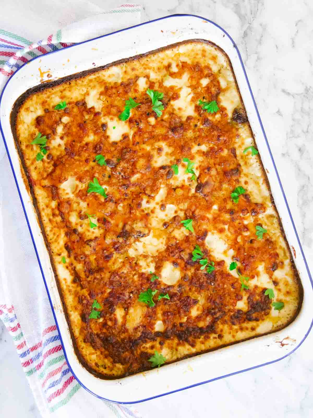 Birdseye view of potatoes dauphinoise with cheese