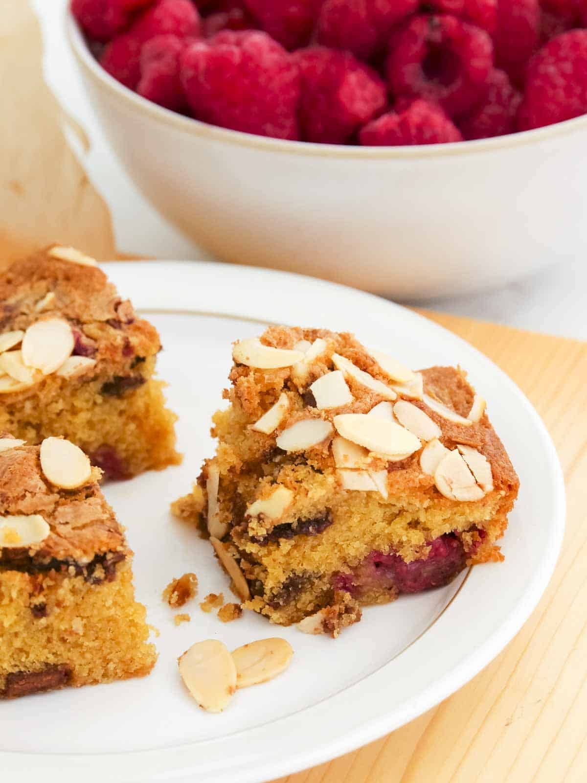 Close up of a raspberry traybake cake square
