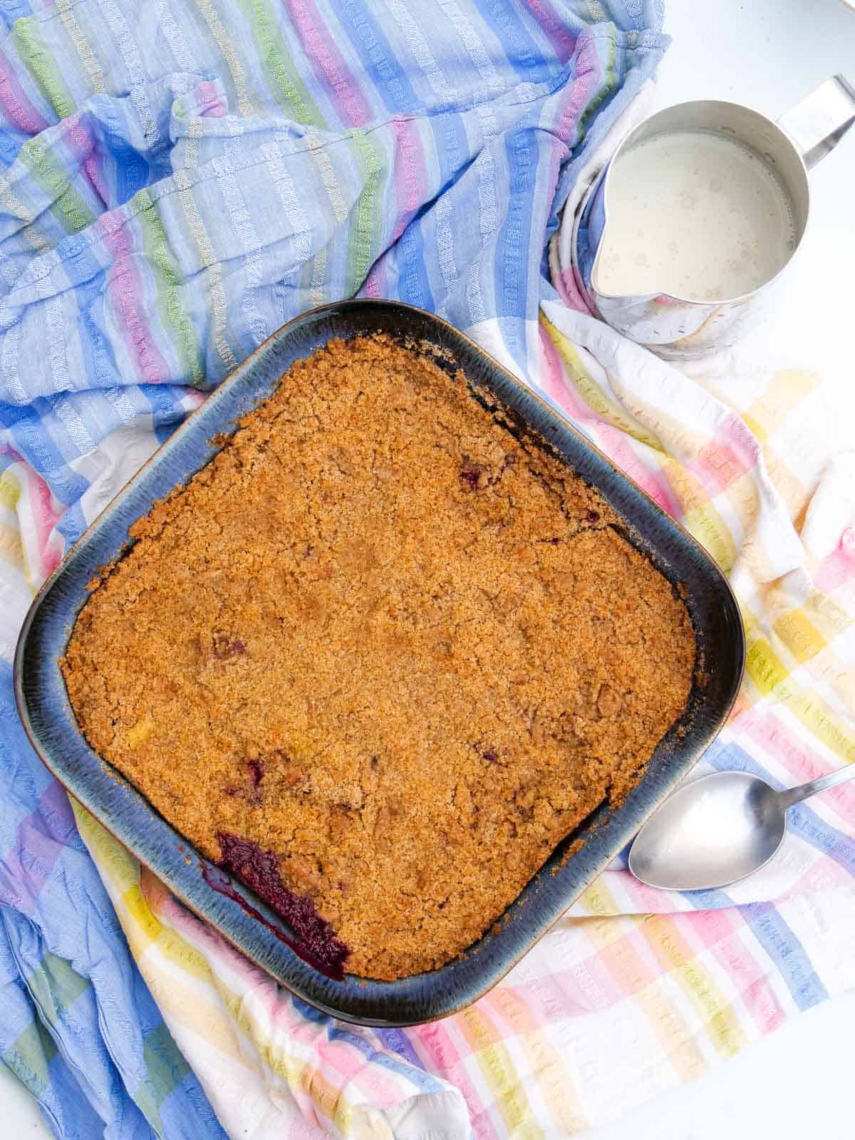 apple and bramble crumble, freshly baked in a large baking dish
