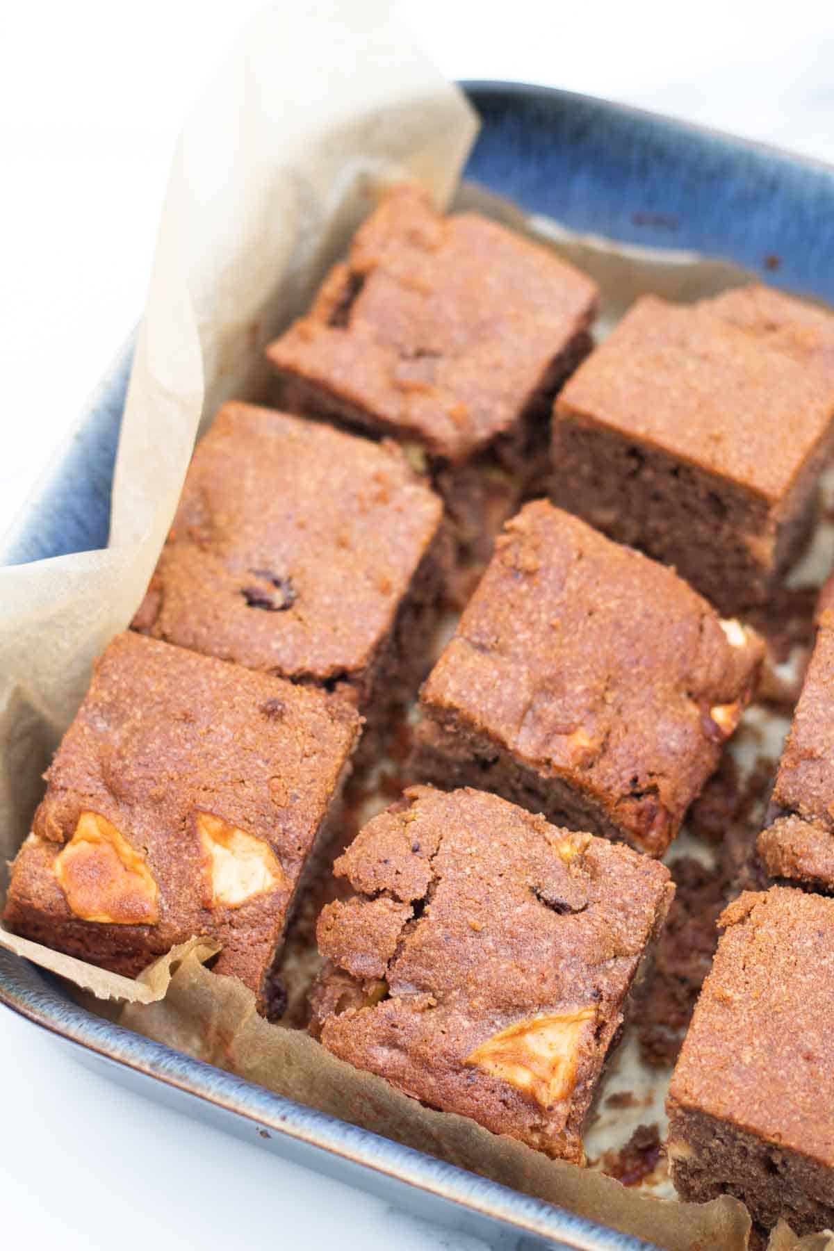 Close up of apple fruit cake in a Denby Halo baking dish