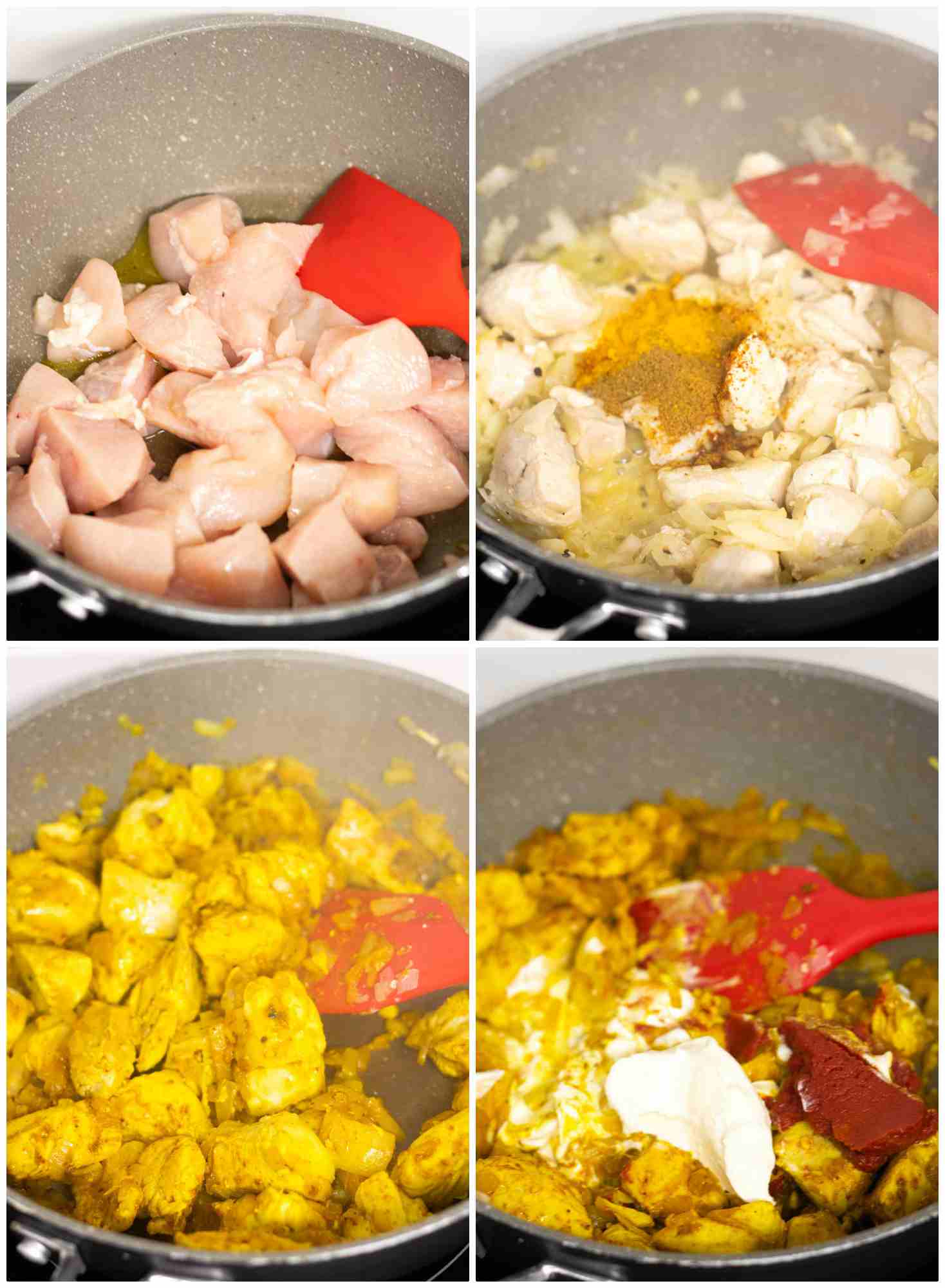 Step by step for cooking butter chicken recipe in a frying pan with spices, creme fraiche and tomato puree