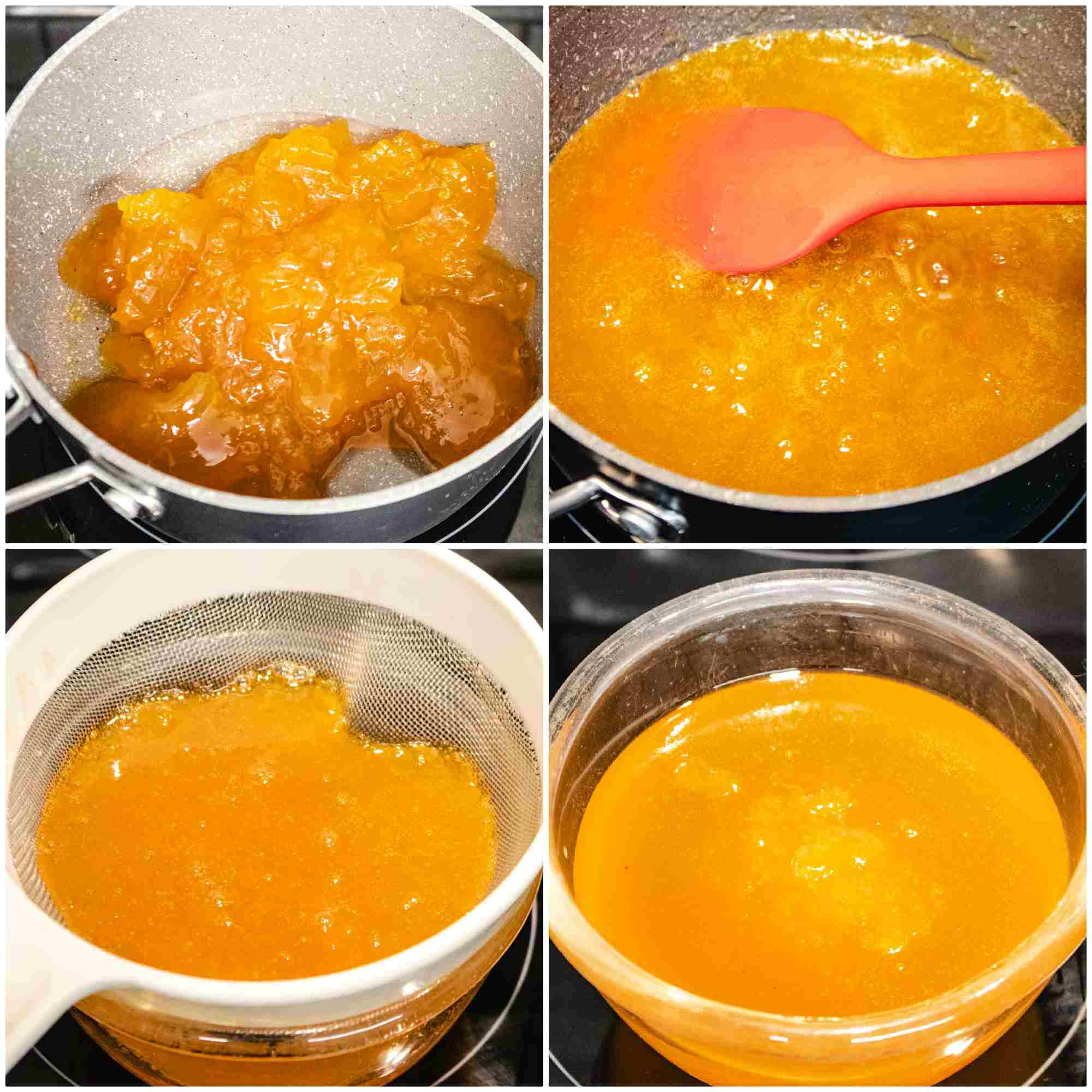 Collage of steps for boiling apricot jam with a dash of water before sieving in a bowl to remove lumps