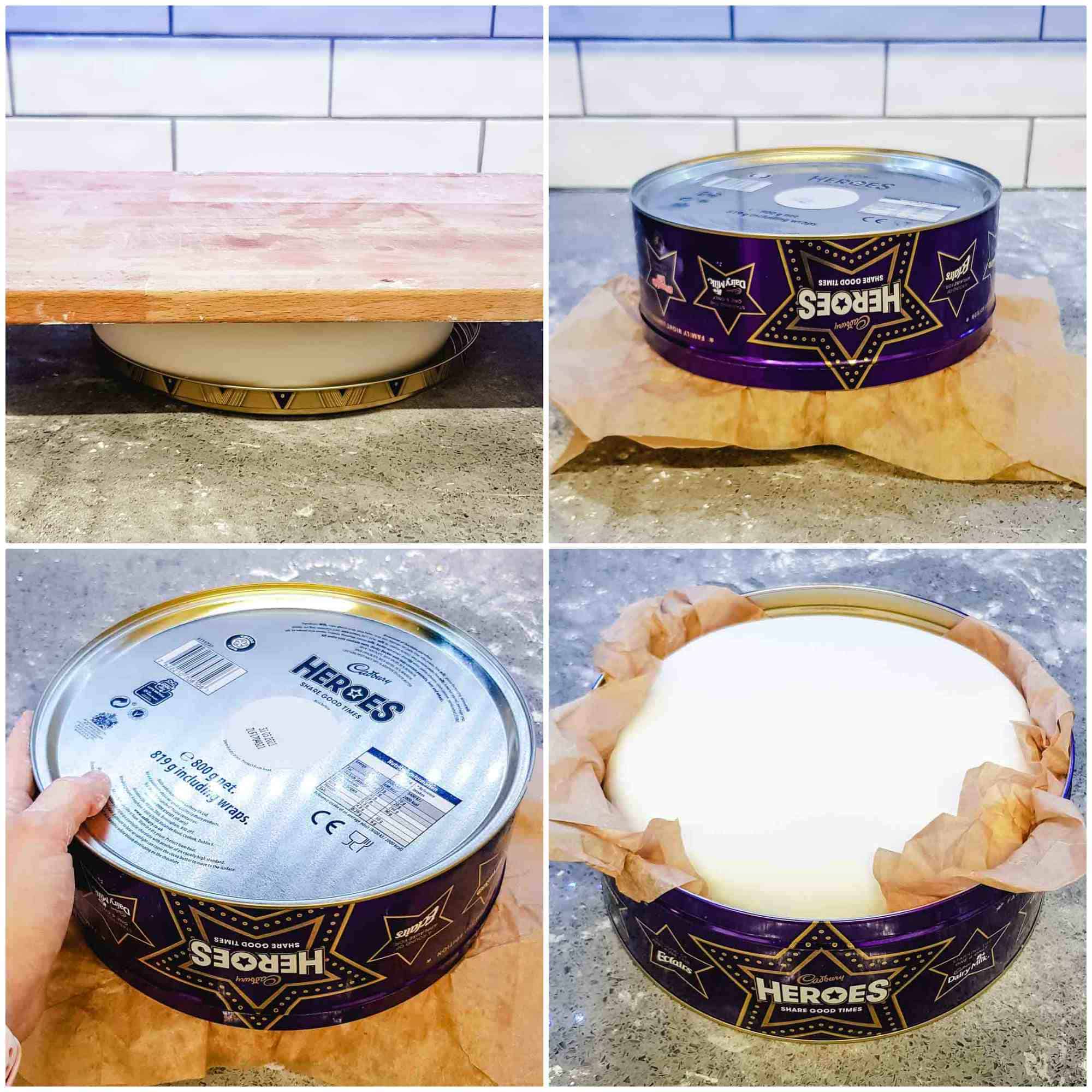 collage of how to transfer an iced Christmas cake to a lined chocolate or biscuit tin with a lid