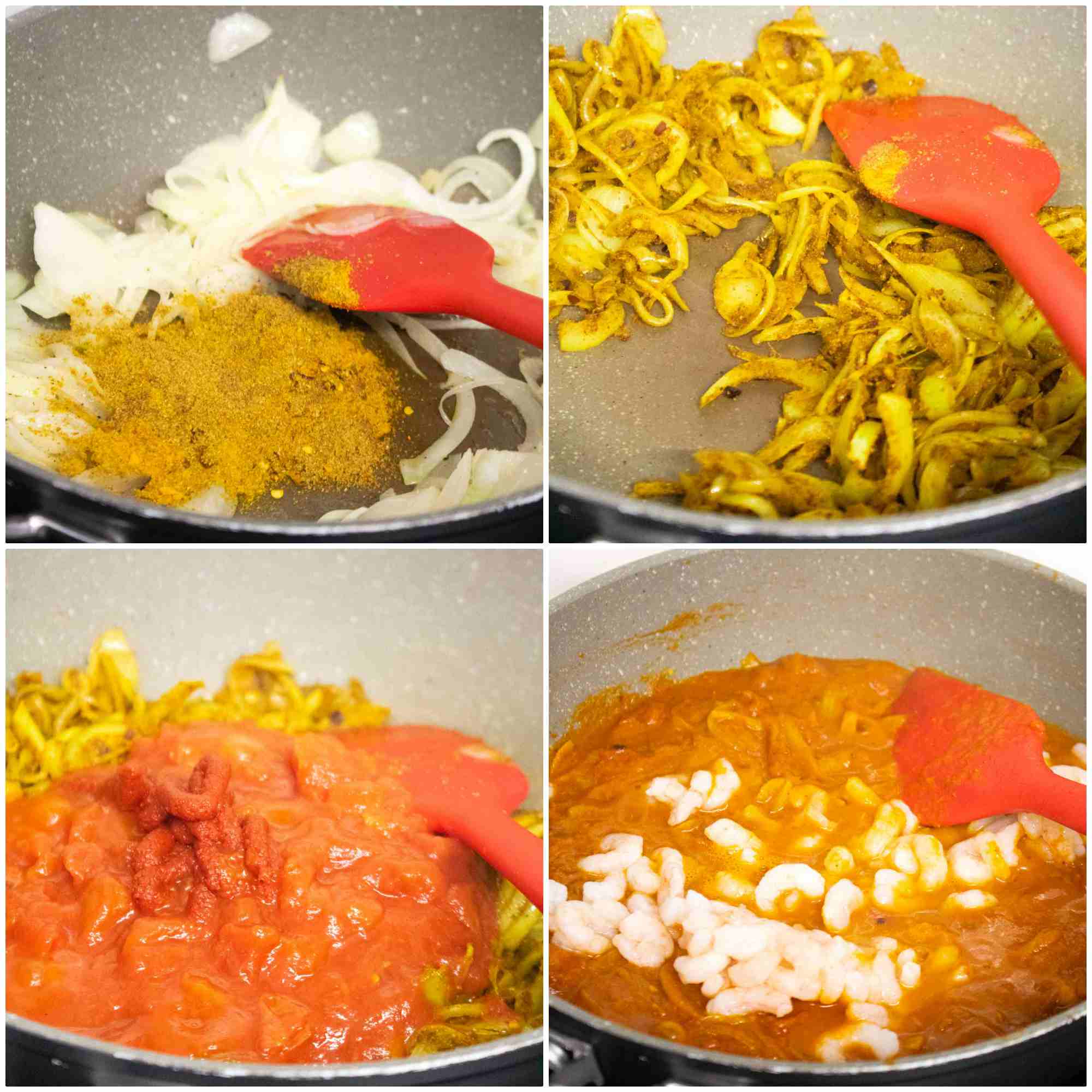 Step by step cooking images of sauteing onions with curry spice, then simmering in tomato and adding the prawn to heat through