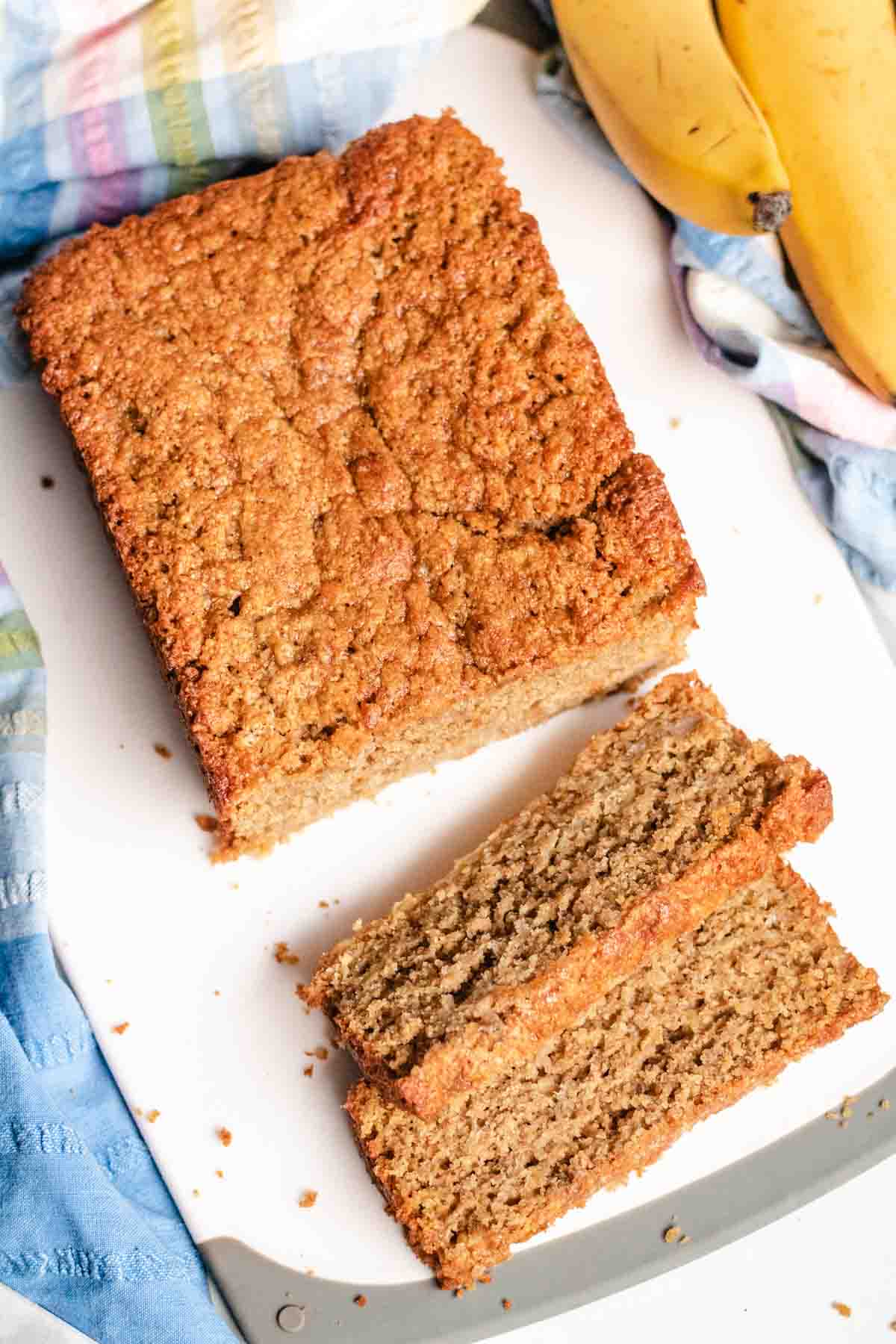 Slices of no flour banana bread from a birdseye view