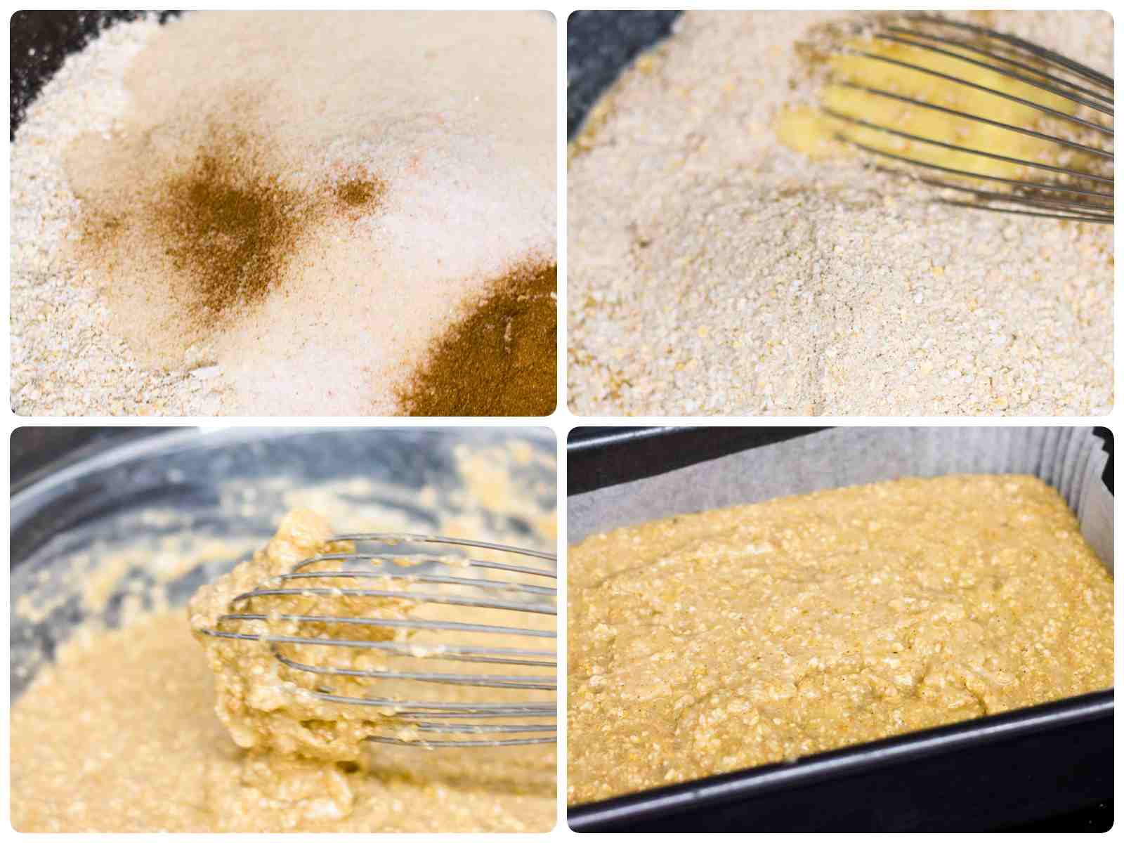 Process shots of making banana oat flour bread in a mixing bowl, then lining a 2lb loaf tin