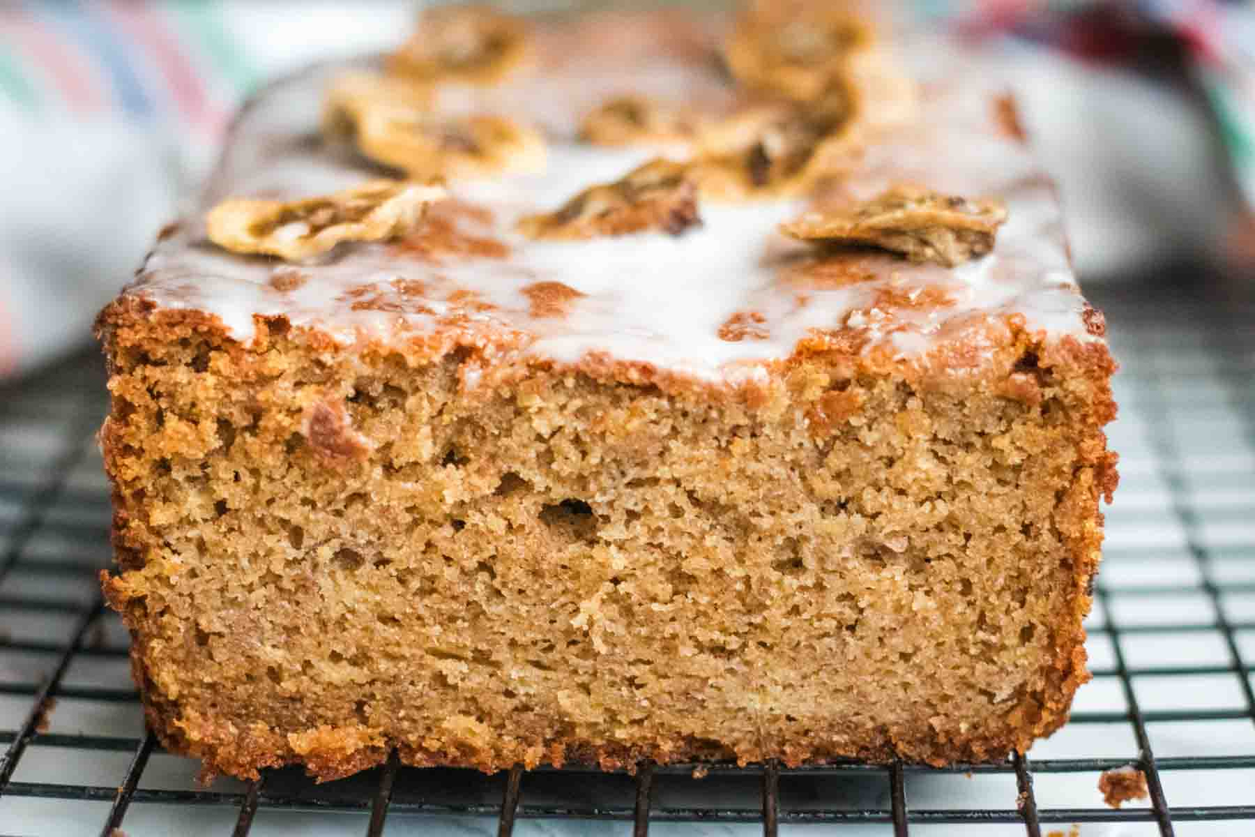 Close up of a cut up banana bread buckwheat flour recipe crumb texture