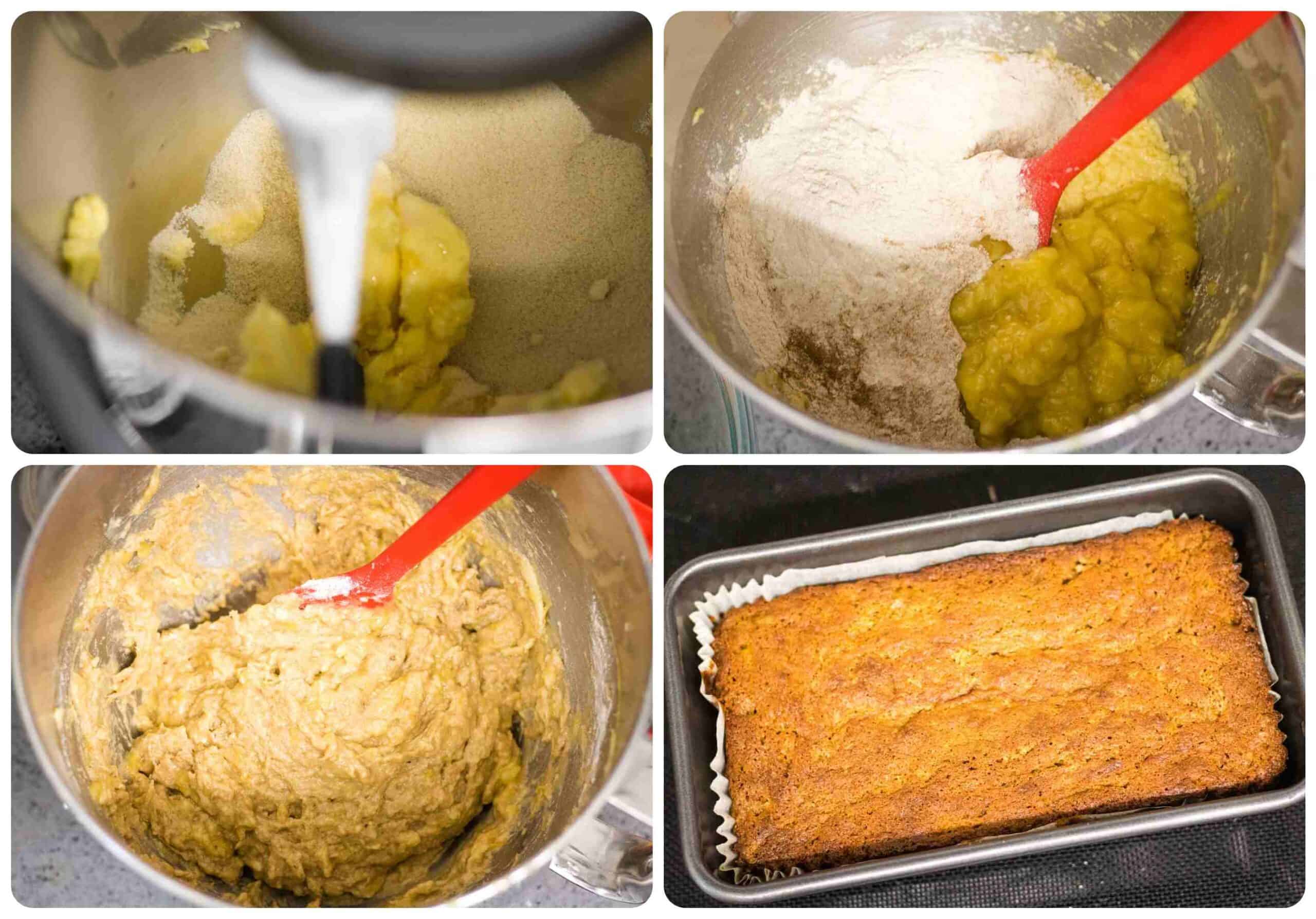 Process shots for making buckwheat banana bread using a kitchenaid and a lined 2lb loaf tin