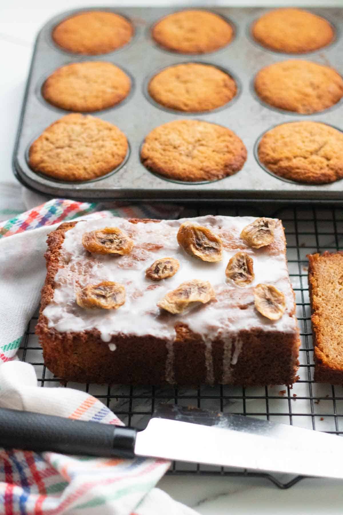 Banana bread recipe with banana chips and icing sugar, baked using the same buckwheat banana muffin recipe