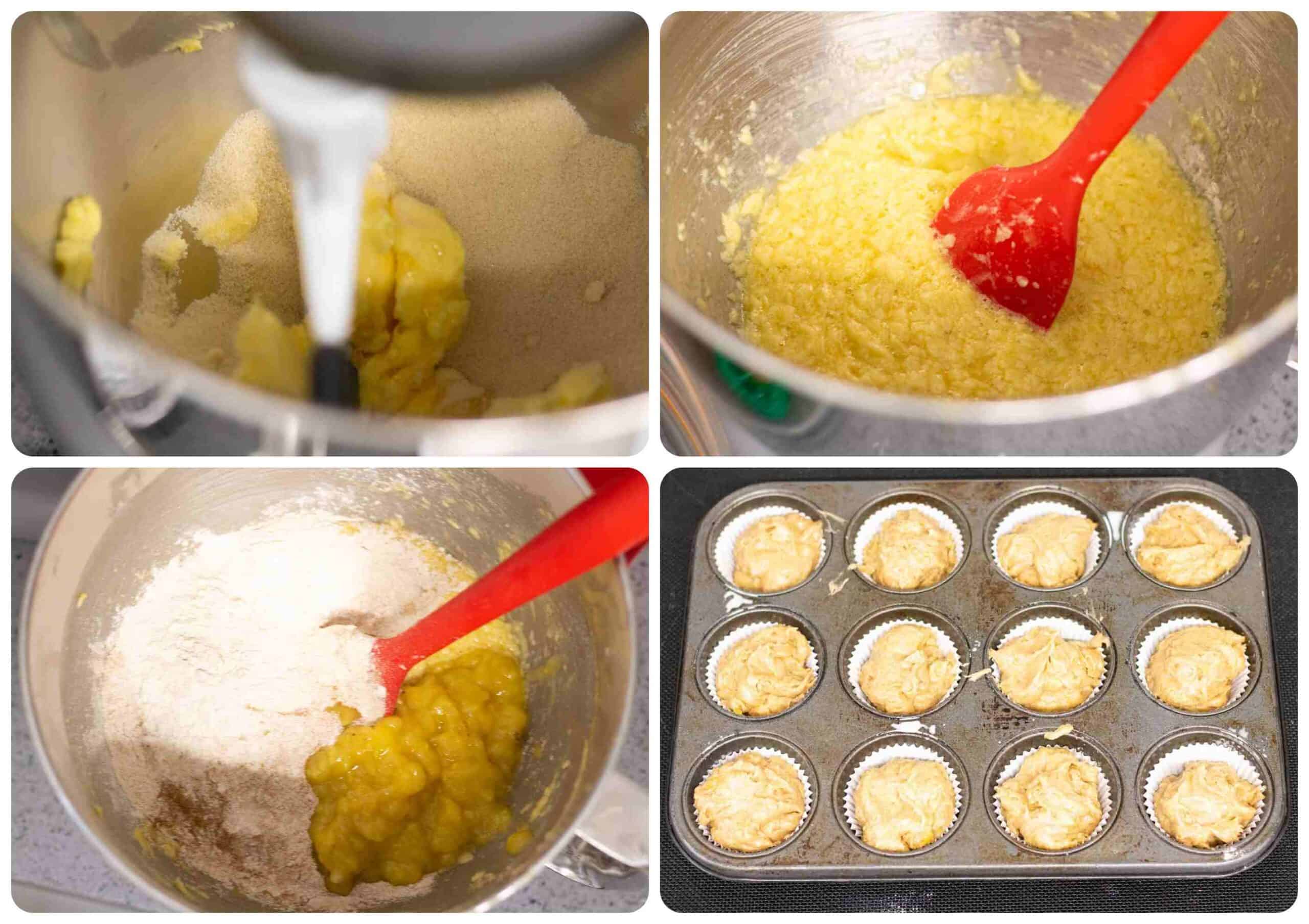 step by step images on how to bake buckwheat banana bread muffins
