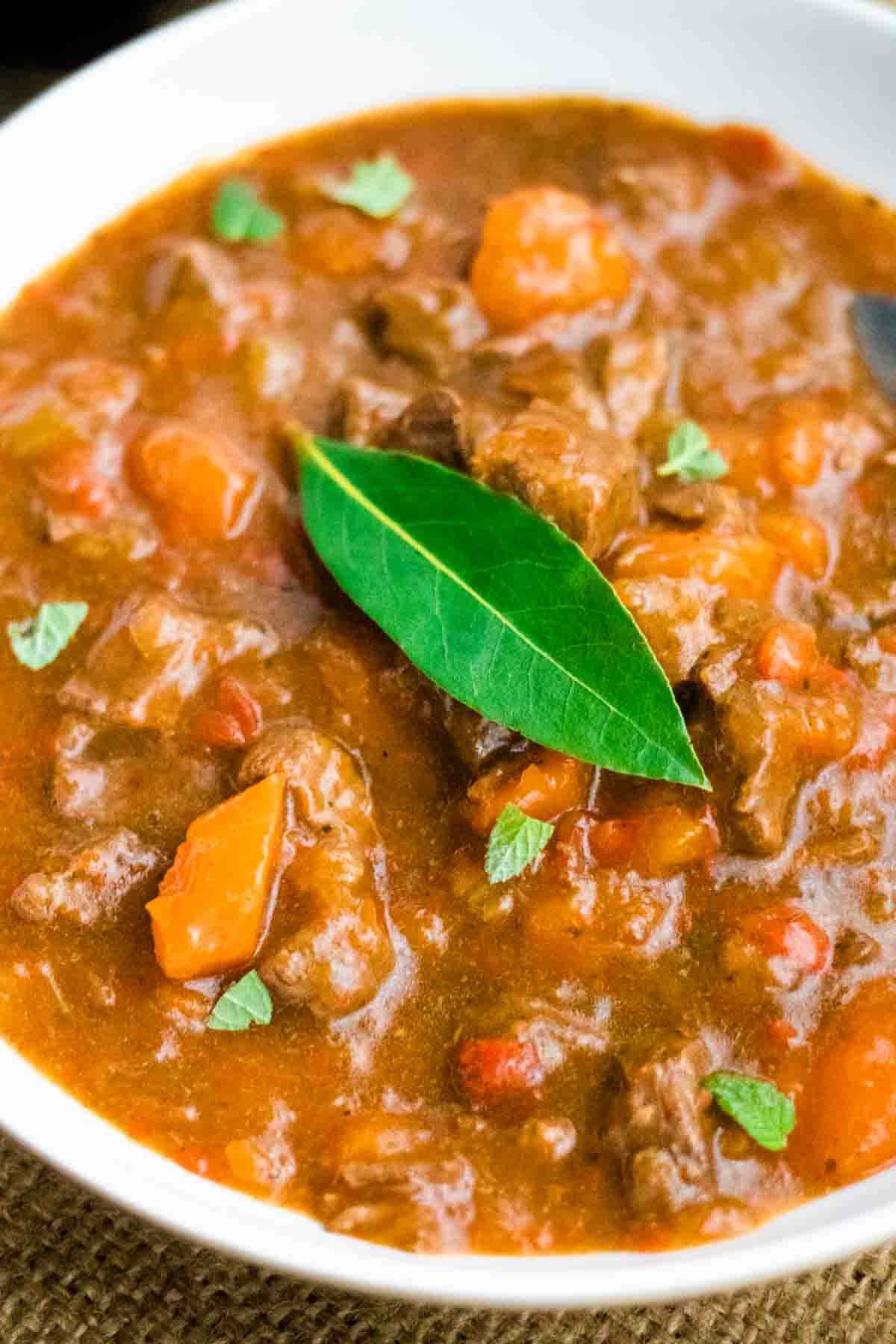 Close up of a fresh bay leaf on beef stew