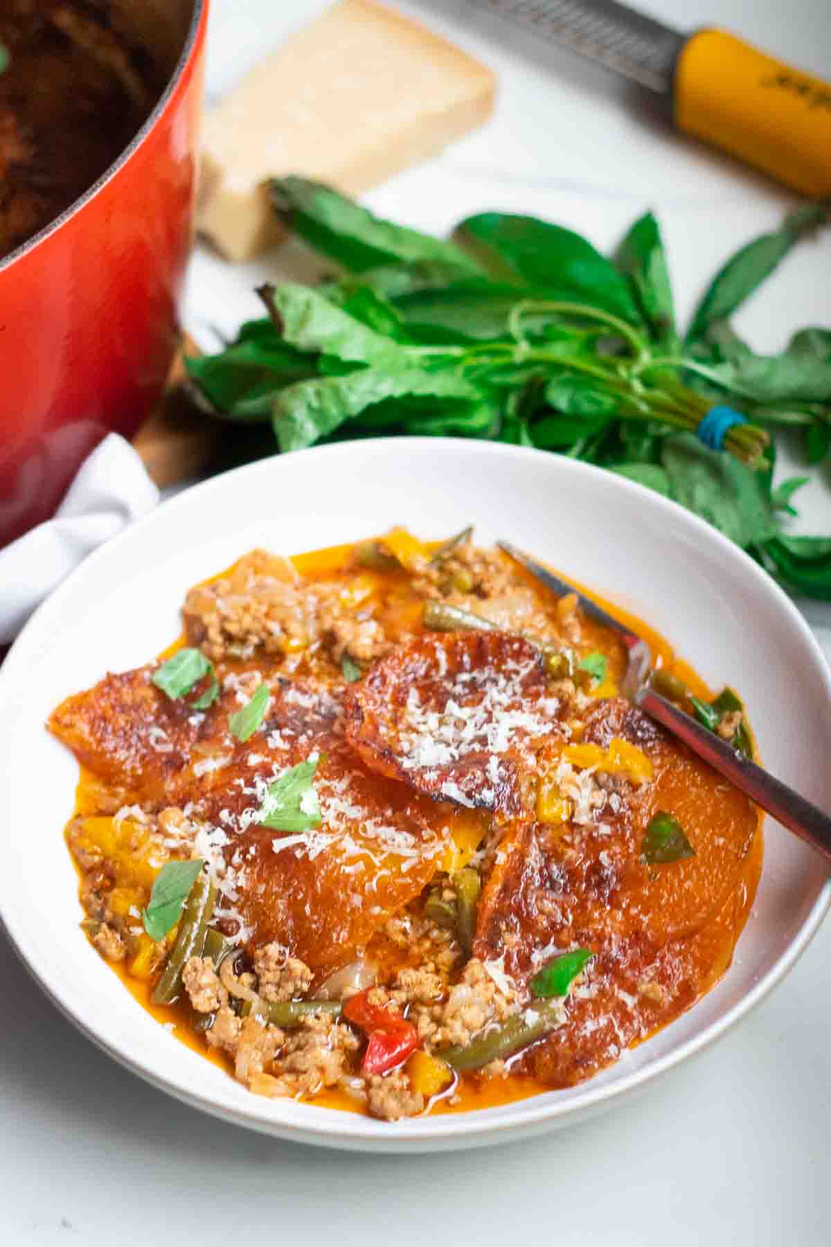 Close up of Mediterranean stewed lamb mince with cheese, peppers and other low carb vegetables