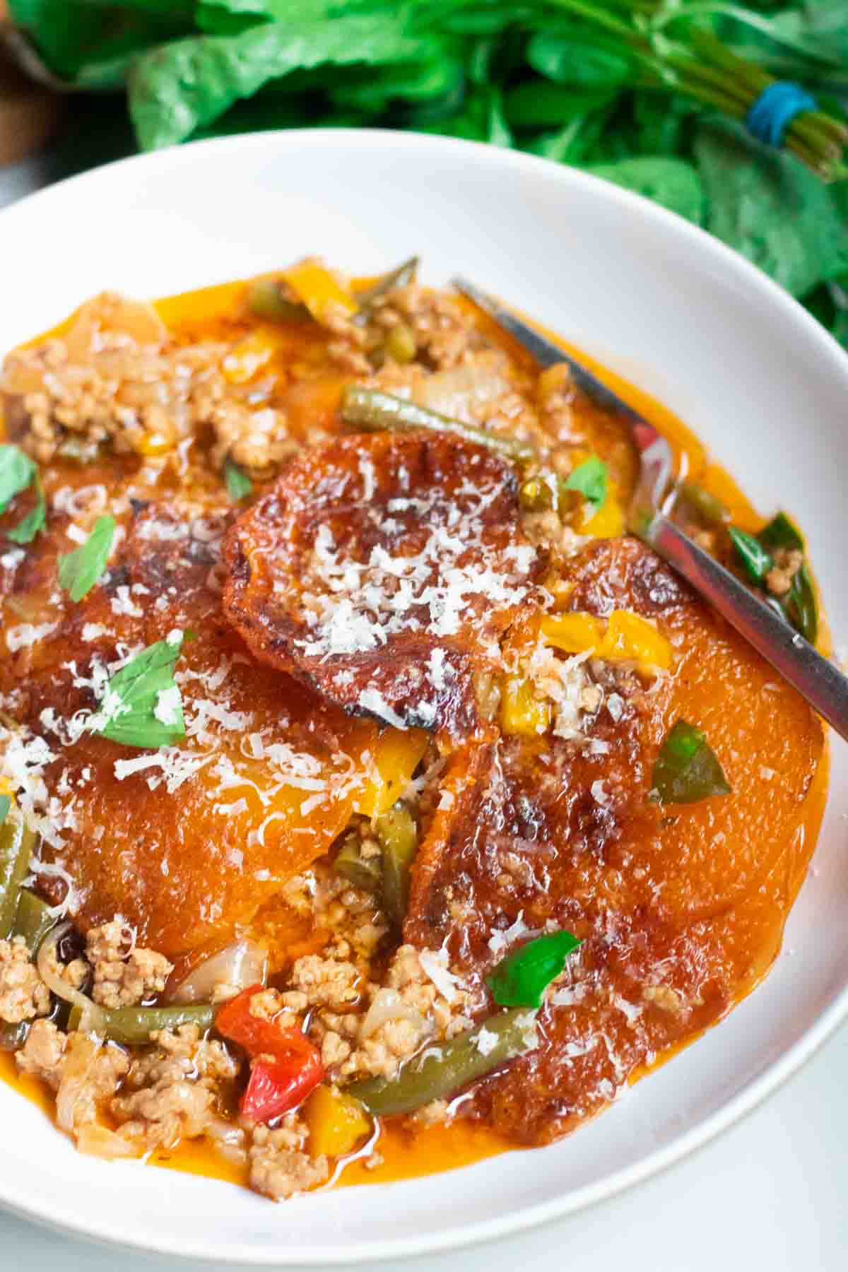 Close up of a low carb lighter meat and veg Italian stew