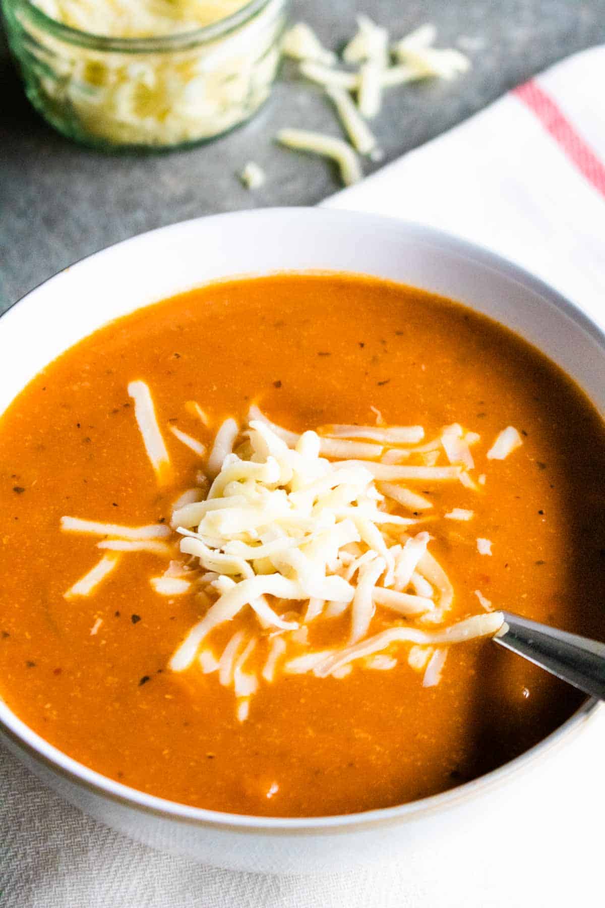 Close up of chunky tomato basil soup recipe
