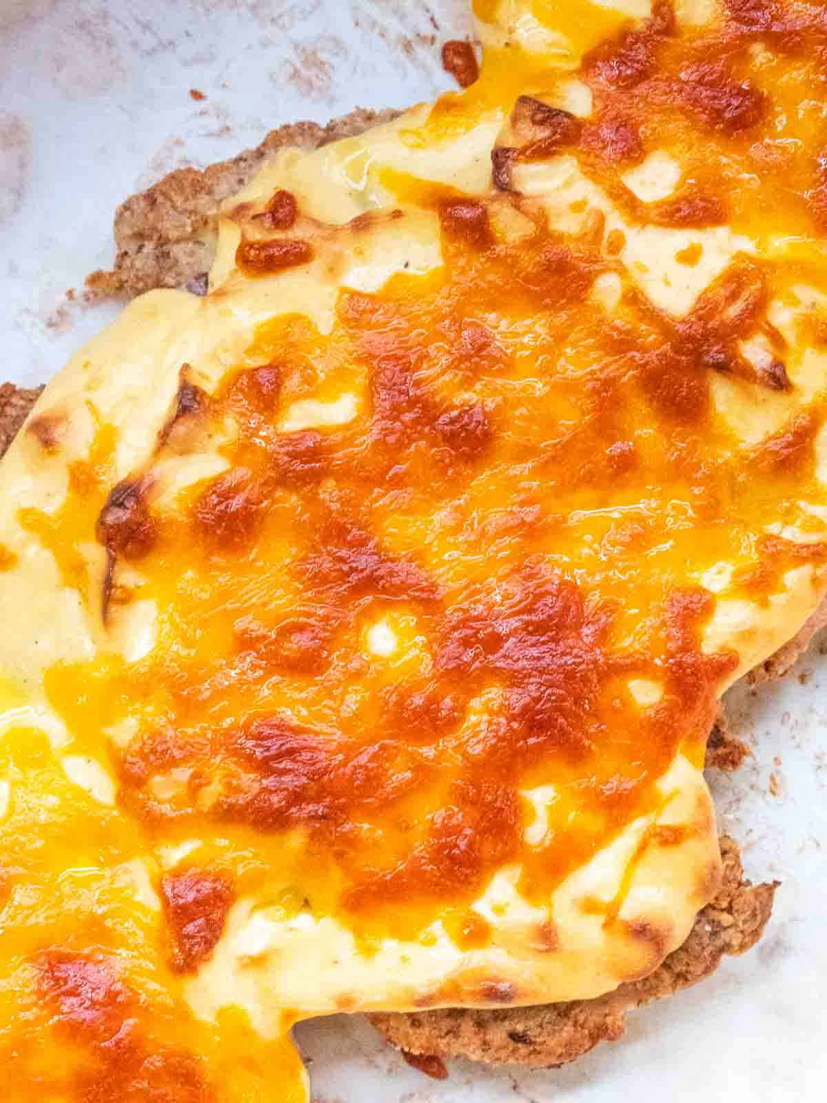 Close up of golden cheddar cheese melted all over chicken and cheesy bechamel sauce