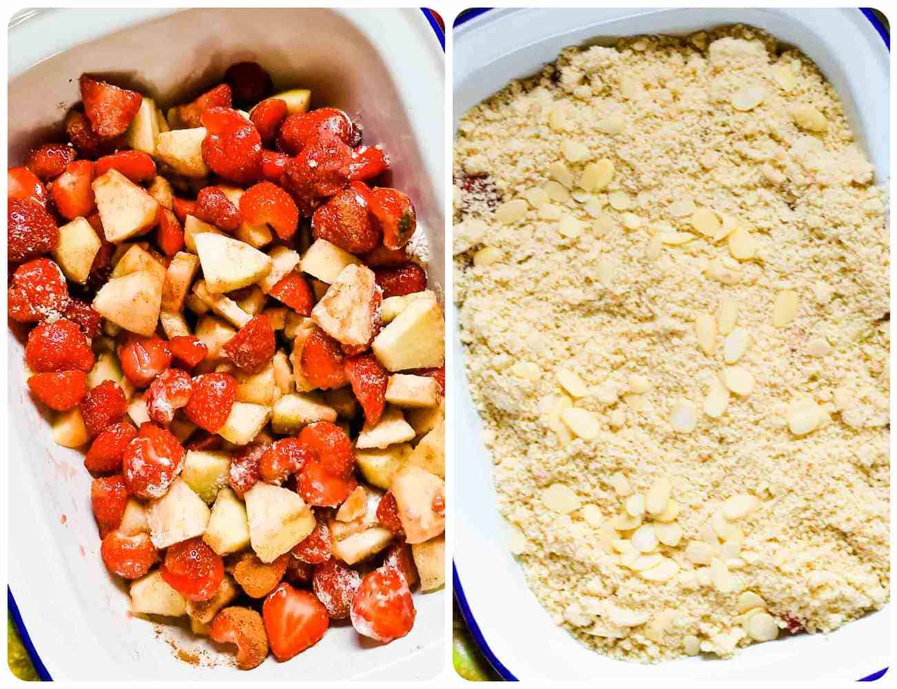 Two layers for strawberry and apple crumble side by side