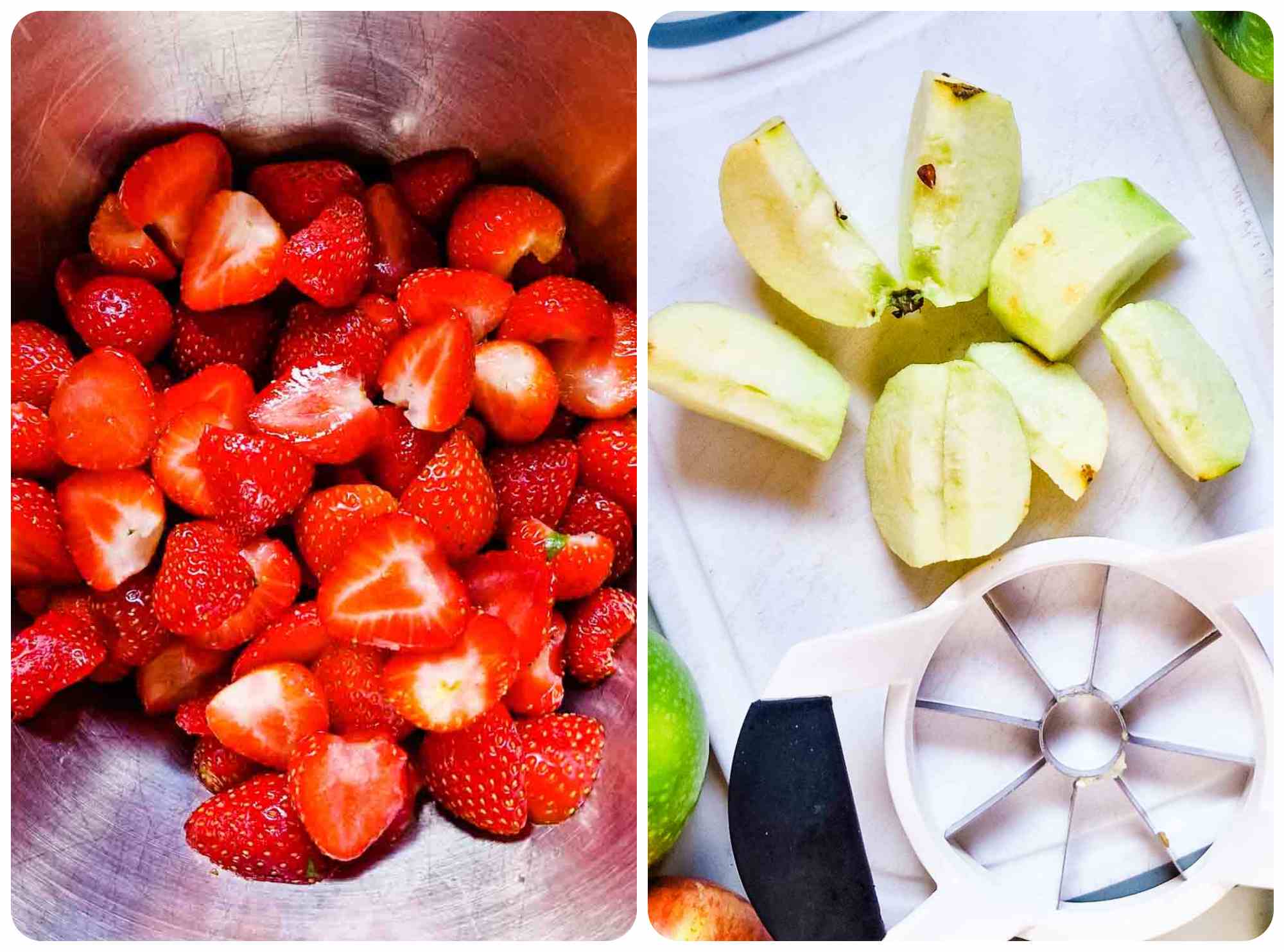 Chopped strawberries and cored and sliced apples with the OXO apple corer