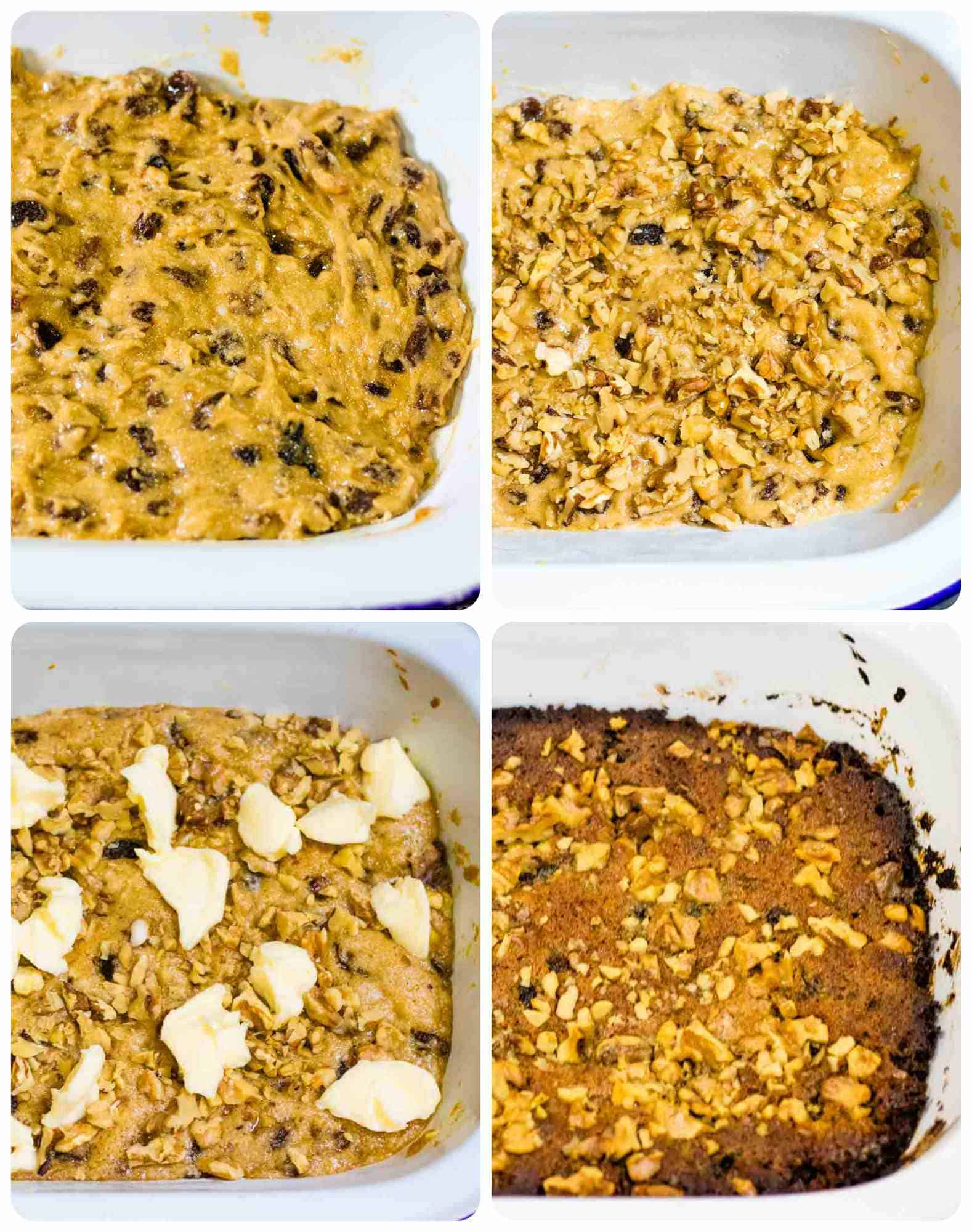 Steo by step images of mixed festive dump cake with nuts and butter on top before baking