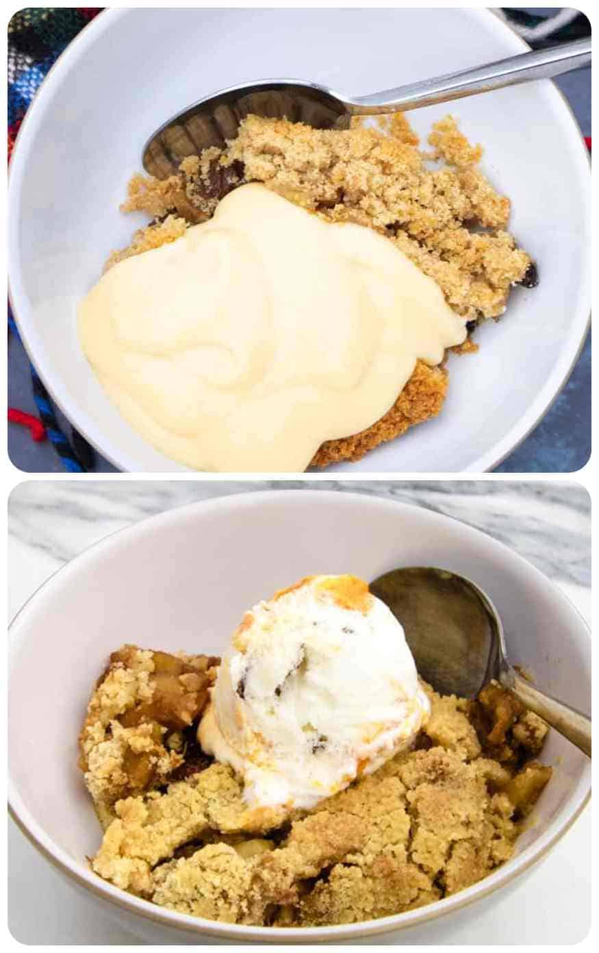 Apple cinnamon crumble with custard and strawberry crumble ice cream in a bowl