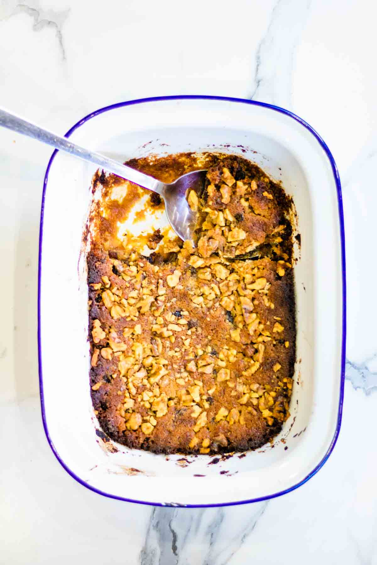 Baked dried fuit dump cake in a pan