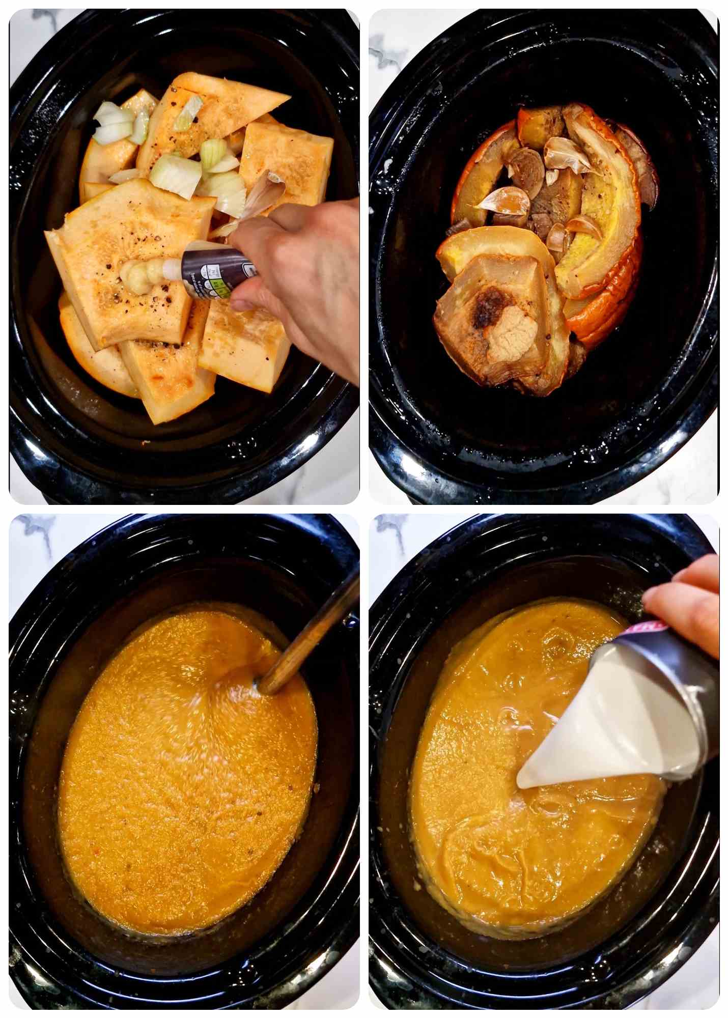 step by step on how to make Pumpkin Soup in the slow cooker, Thai style