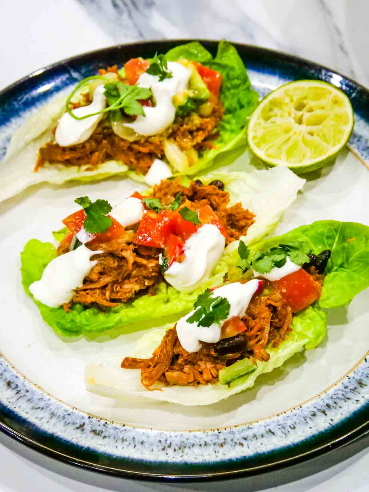 3 lettuce wrap pork carnitas on a Denby plate for a Keto option