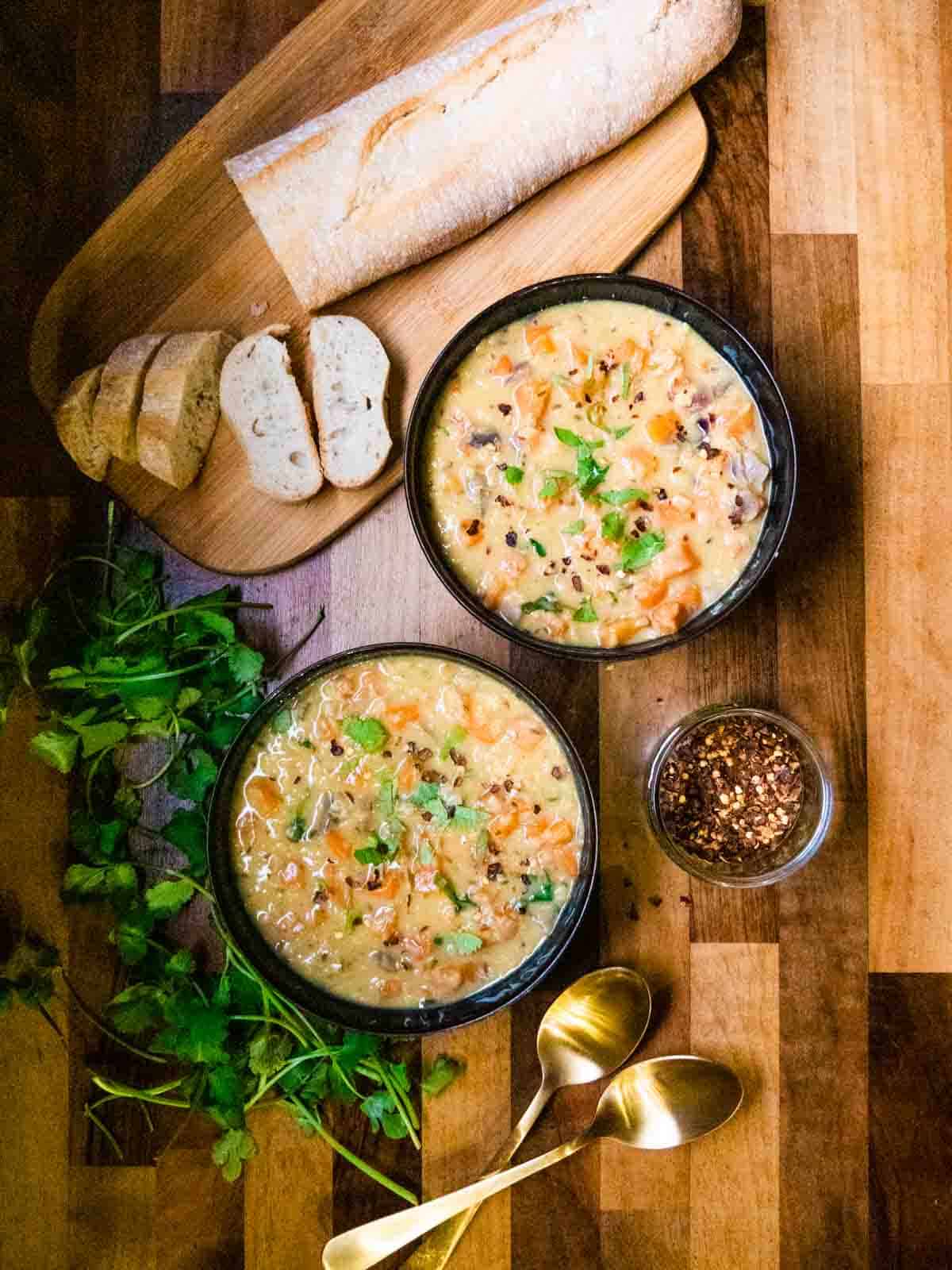 soup served in 2 bowls with gold spoons, coriander, chili flakes and sliced ciabatta bread