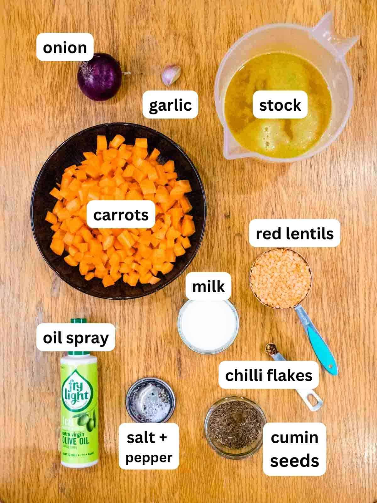 labelled ingredients for spiec carrot and lentil soup