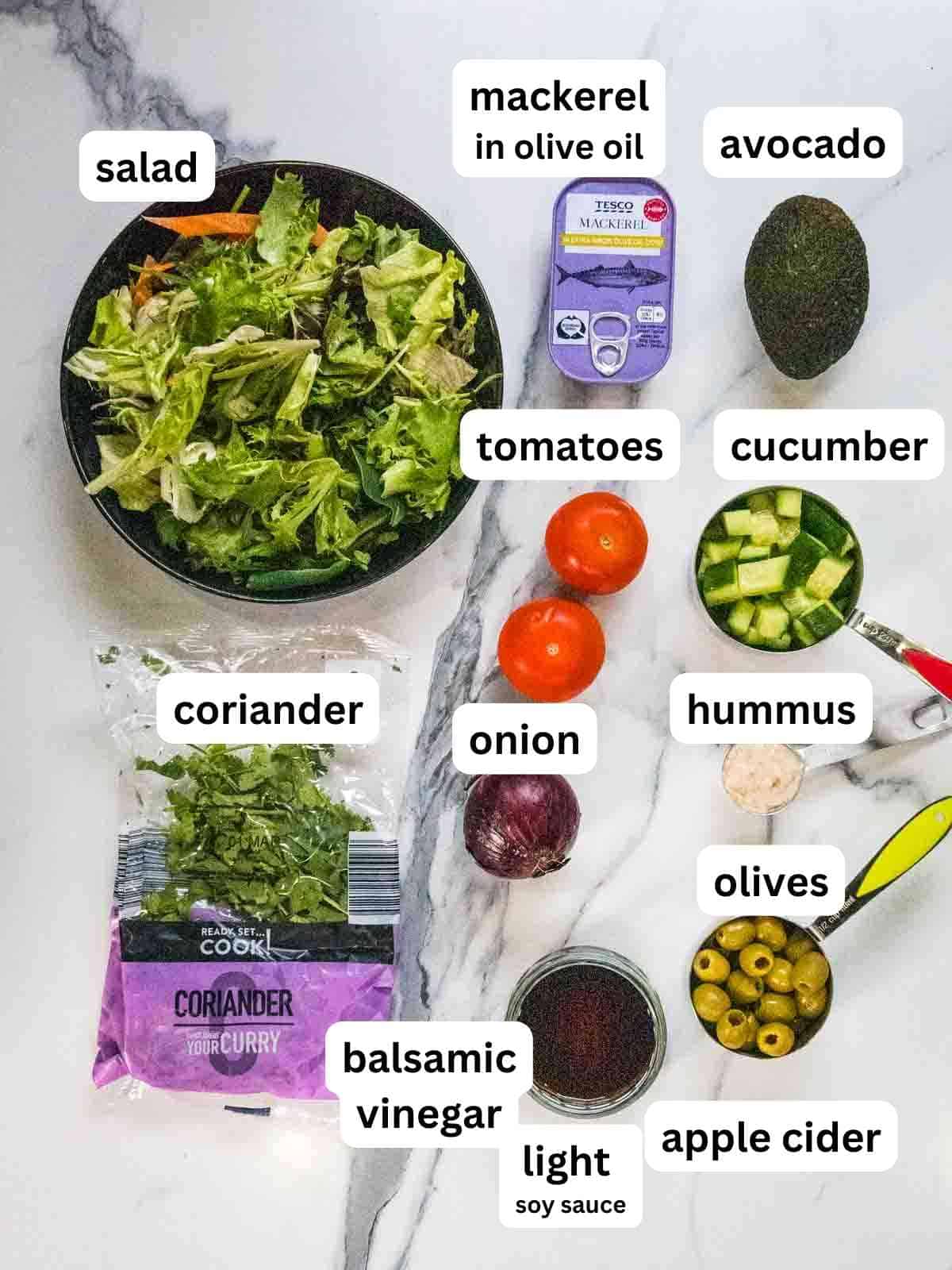 labelled ingredients for a quick mackerel salad