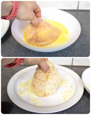 person dipping chicken breast in beaten egg, then in almond flour for breadcrumbs