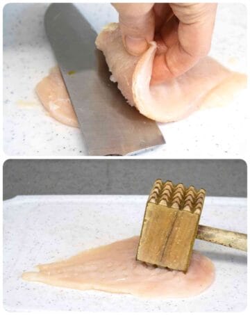Person slicing chicken breast in half length ways, then making flatter with a meat tenderiser