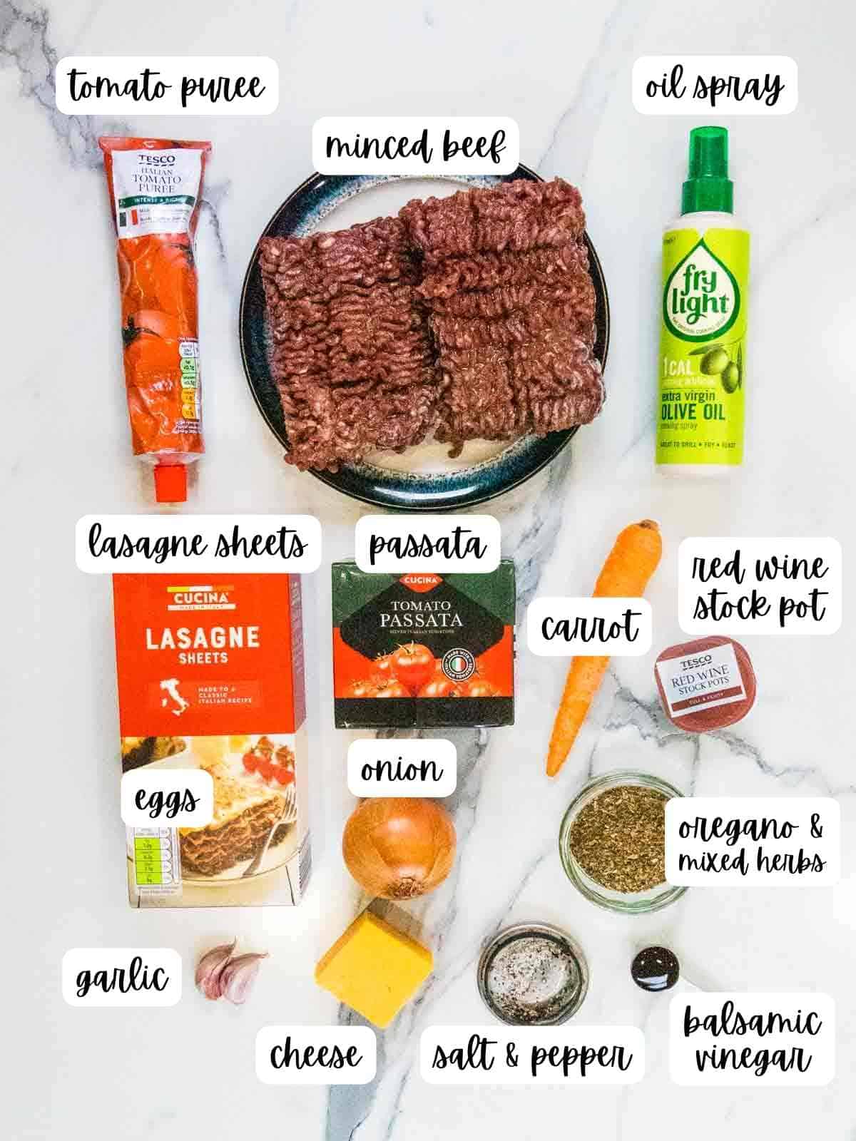 labelled ingredients for healthiest lasagna recipe