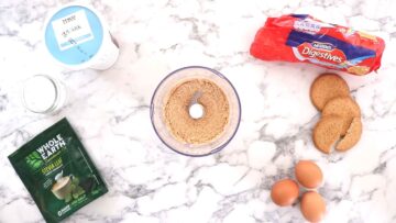 biscuits in a food processor shredded to fine breadcrumbs