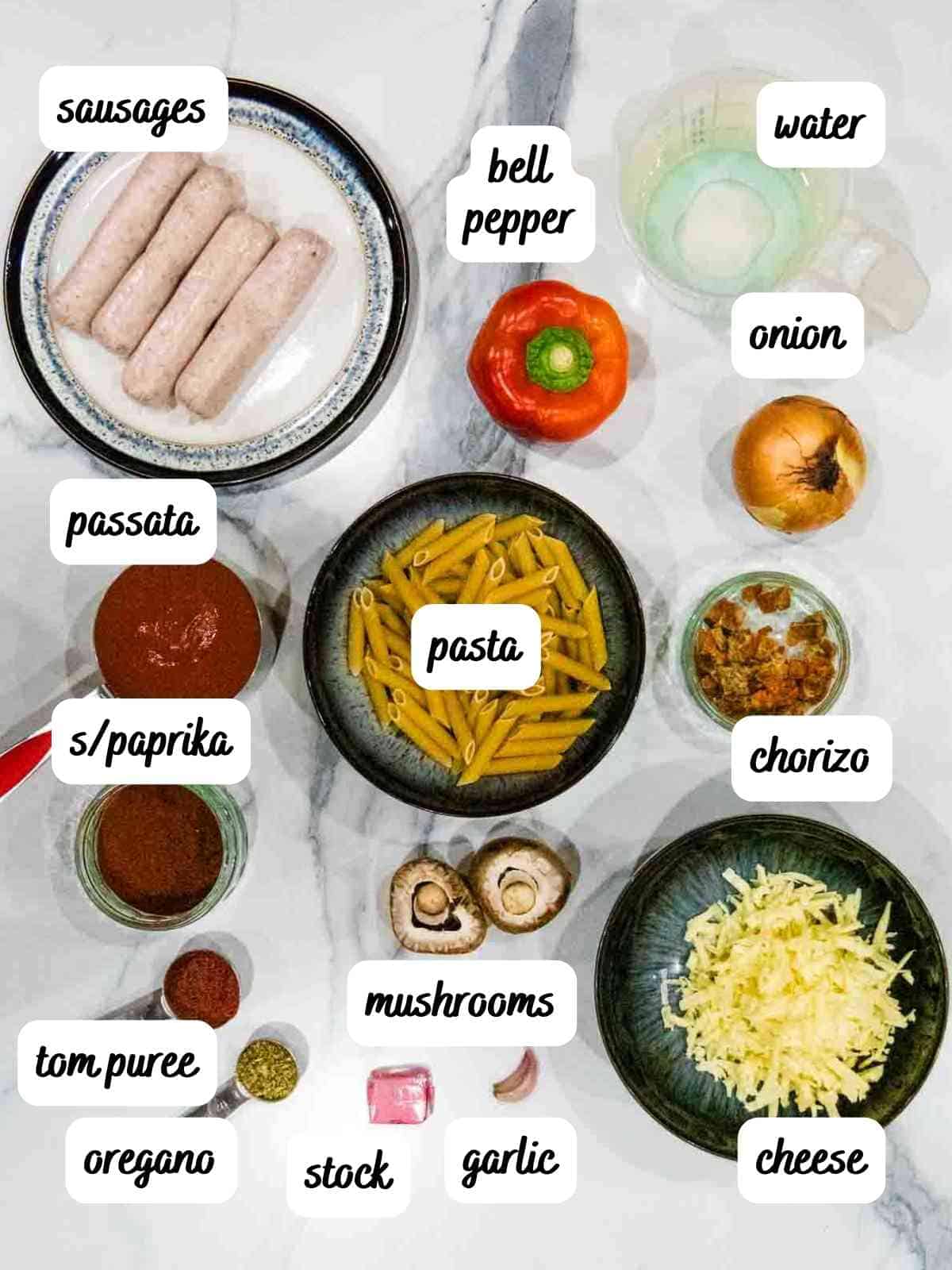 labelled ingredients for sausage pasta bake