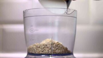 person pouring oats into a mini food processor to blend into a fine oat flour