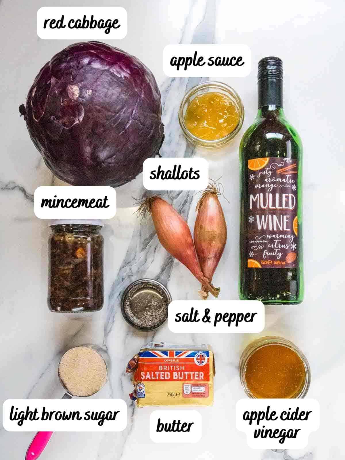 labelled ingredients for Christmas Slow cooker red cabbage