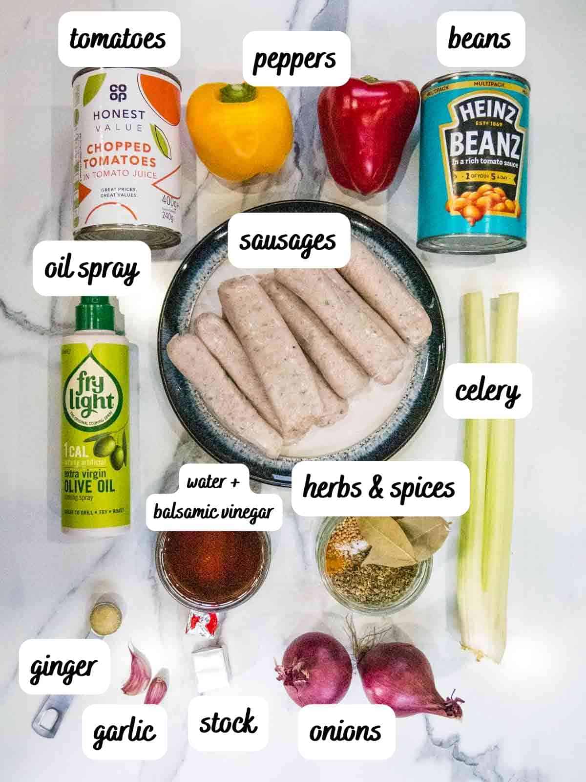labelled ingredients for slow cooker sausage casserole