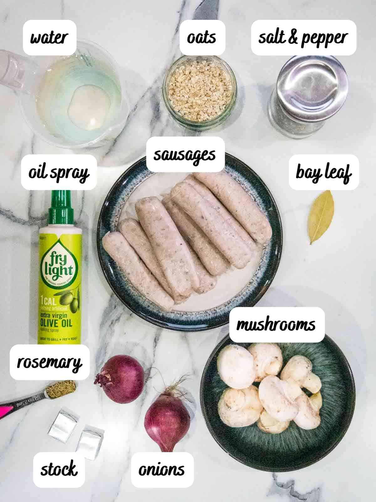 labelled ingredients for sausages in onion gravy for a Slimming World plan