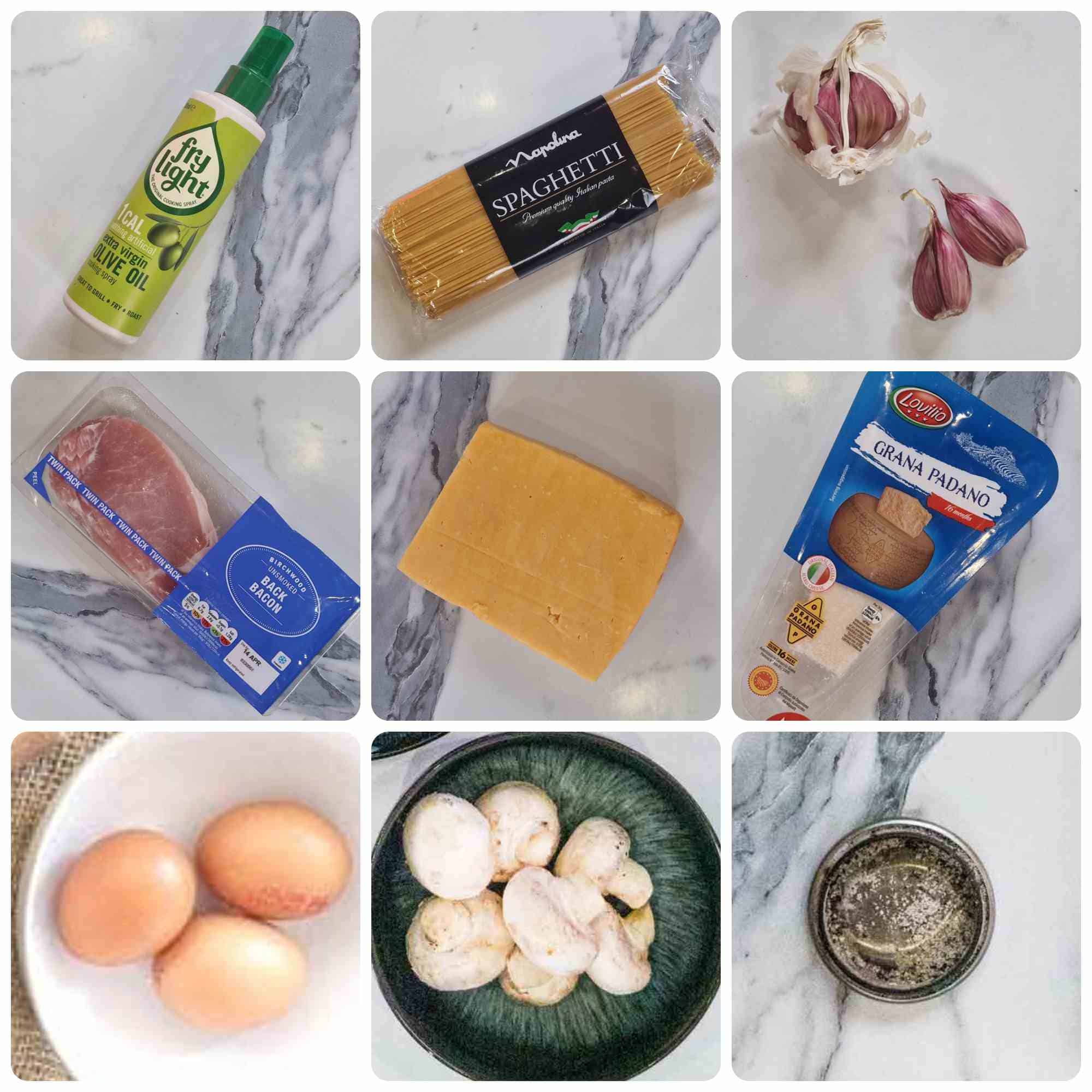 ingredients for healthy spaghetti carbonara recipe