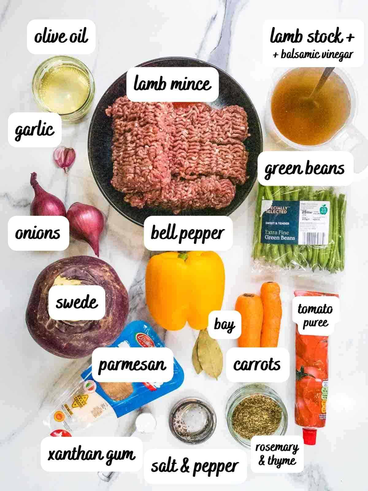 labelled ingredients for a Summer lamb hotpot recipe