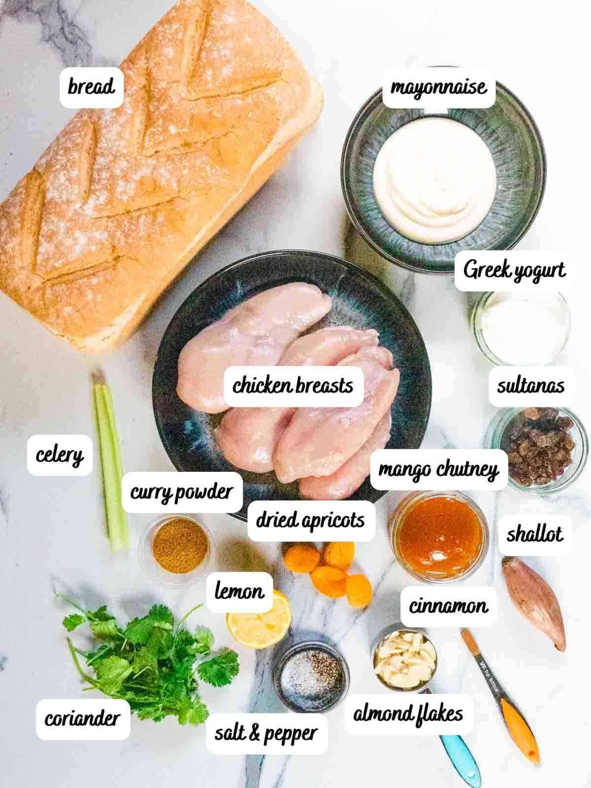 labelled ingredients for Coronation chicken recipe as a British classic sandwich filling